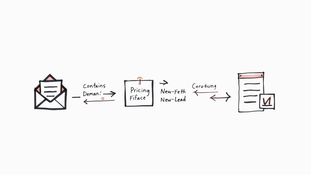 Hand-drawn workflow diagram showing email demand leading to pricing, new leads, and consultation.