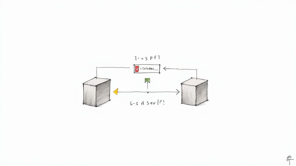 Diagram showing SPF email authentication workflow between two servers with slides document and bidirectional arrows