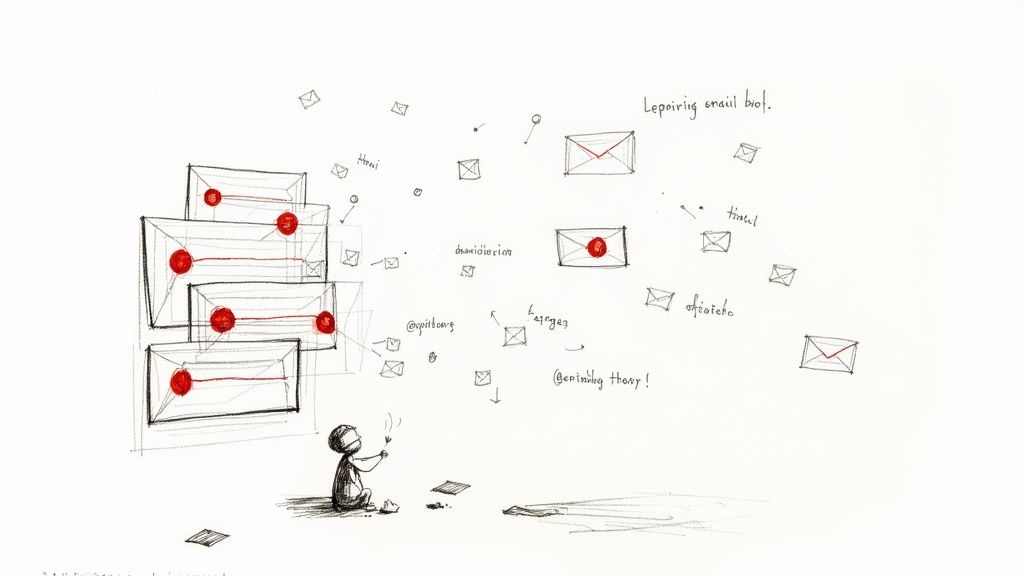 A person looking overwhelmed while working at a messy desk with multiple laptops and papers.