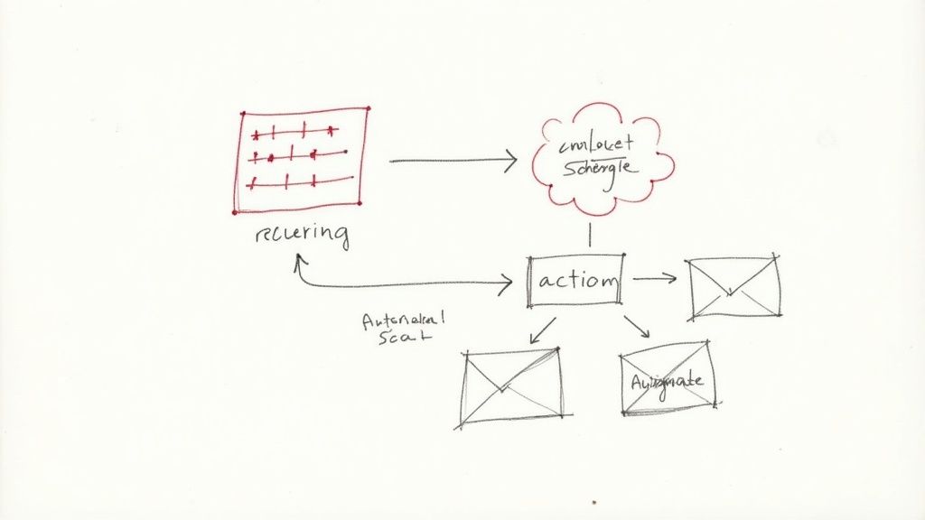 A handwritten diagram illustrates a workflow for recurring tasks, scheduling, actions, and email automation.