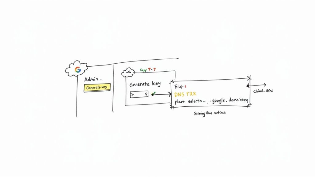 Diagram showing Google admin generating a key for DNS TXT record setup for domainkey with active signing.