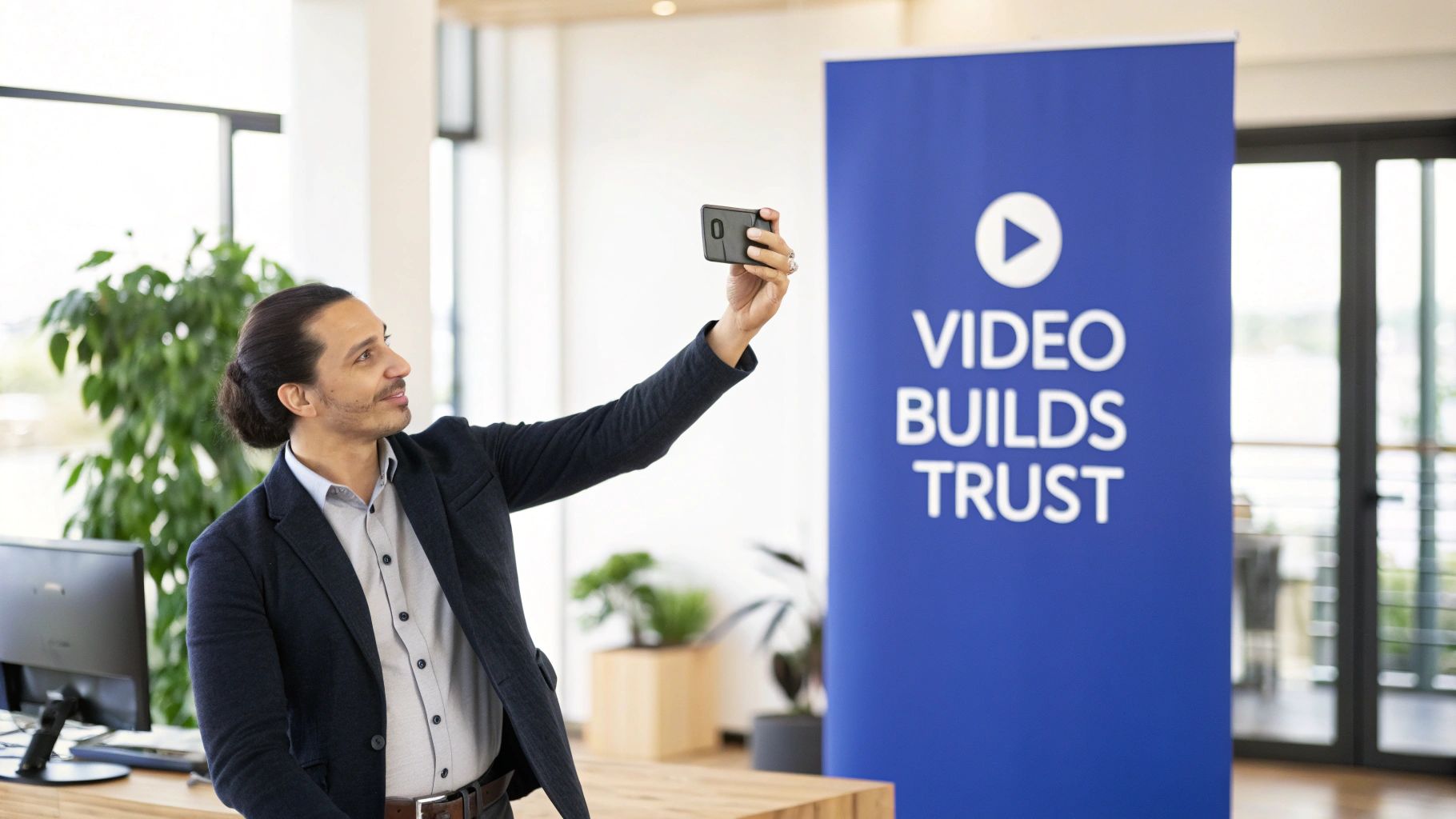 A smiling man records a video with his smartphone near a blue "Video Builds Trust" banner.