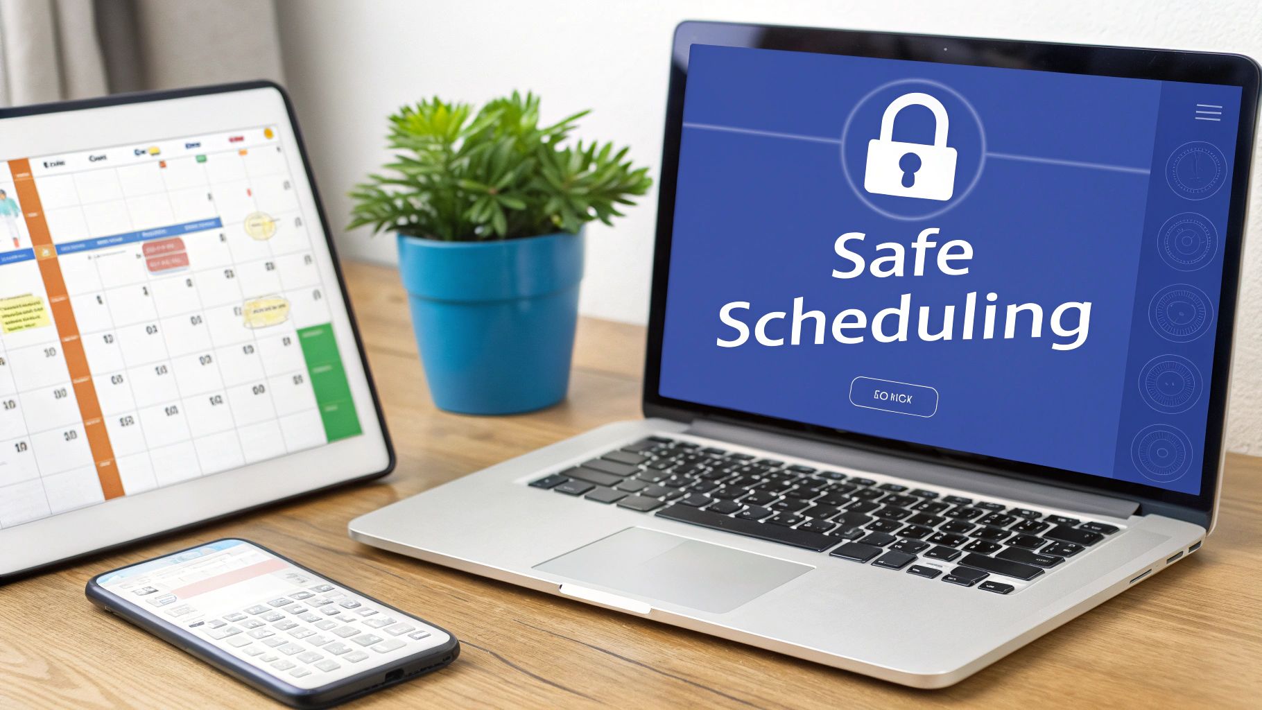 A laptop showing 'Safe Scheduling' with a padlock, a calendar on a tablet, a smartphone, and a plant on a wooden desk.