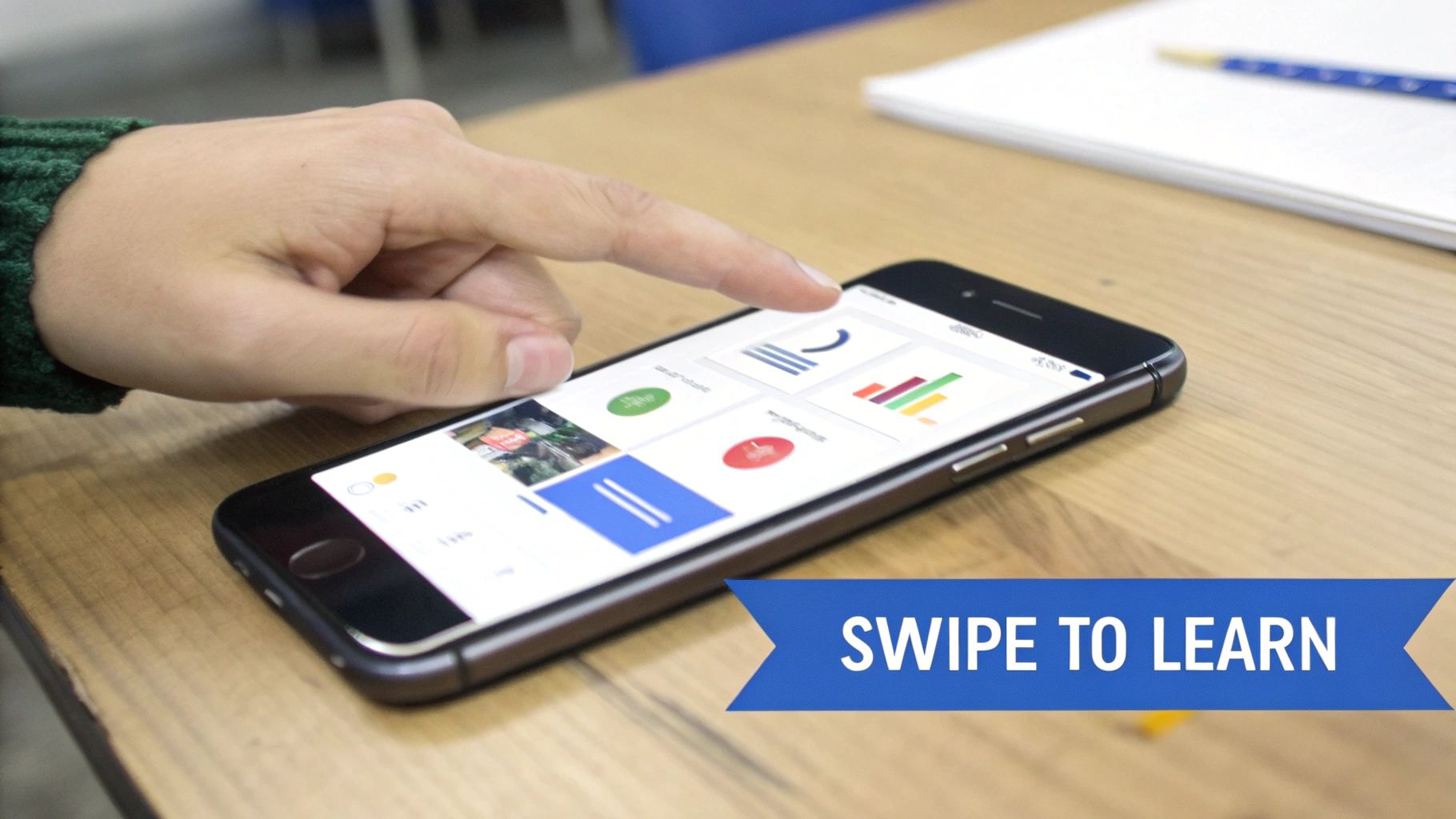 A hand taps a smartphone screen displaying various app cards on a wooden desk with a notebook.