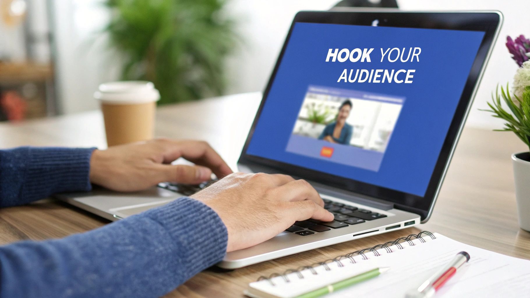 A person types on a laptop screen displaying 'HOOK YOUR AUDIENCE' and a video call.
