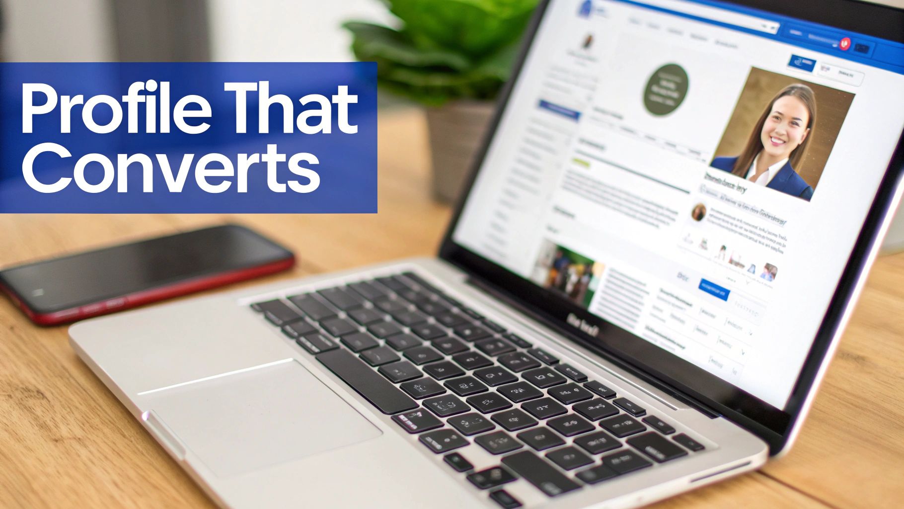 A laptop screen displays a professional profile page, with a smartphone and text 'Profile That Converts'.