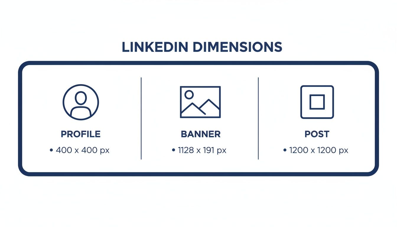 Deze infographic toont LinkedIn afbeeldingsformaten voor profielfoto's, banners en posts.