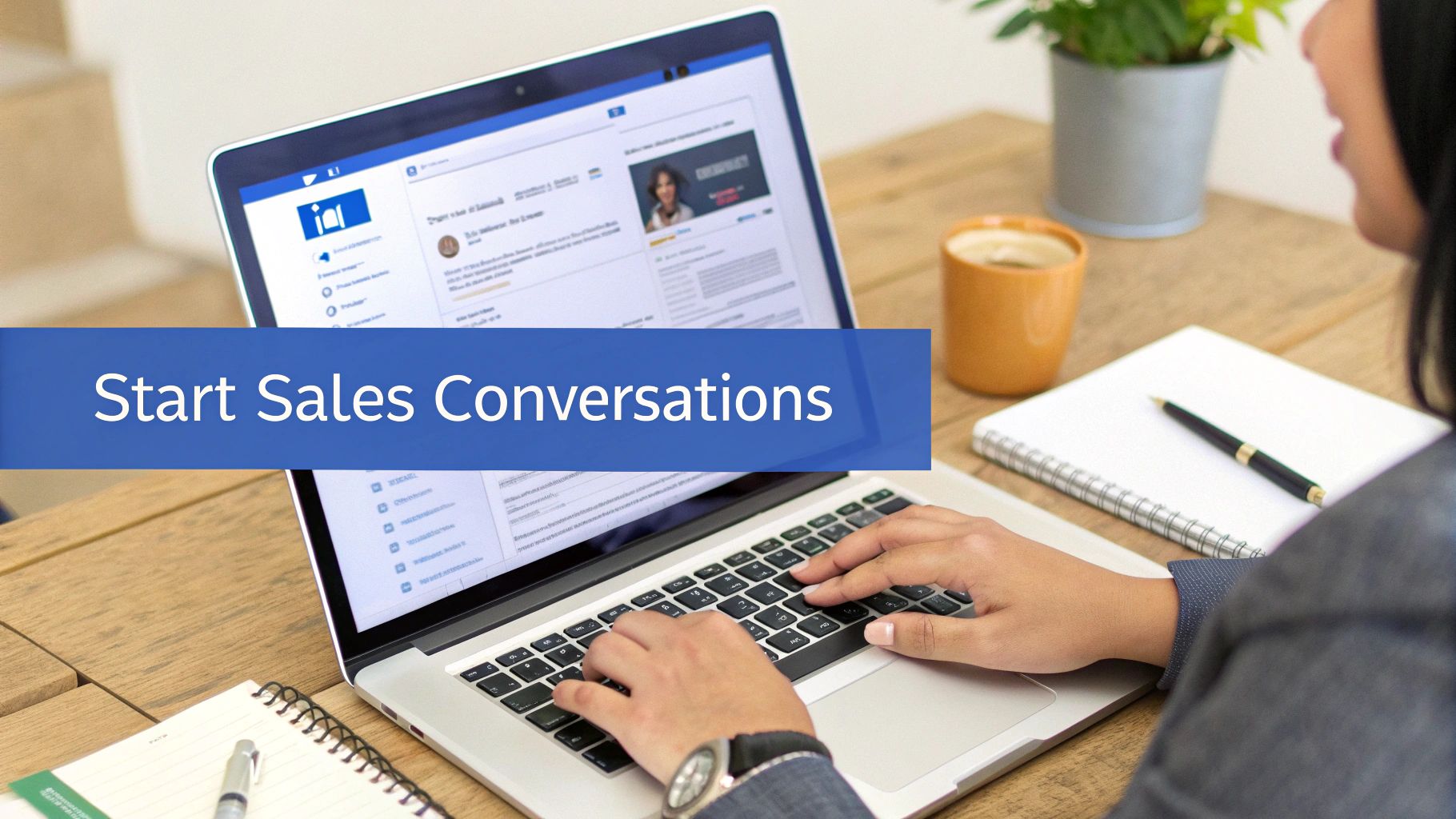 Person typing on a laptop showing 'Start Sales Conversations' text on a wooden desk.
