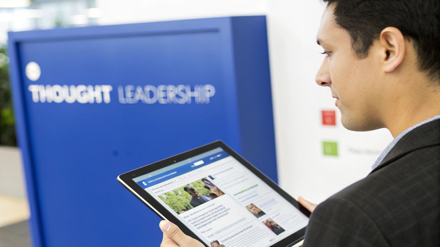A man in a suit reads news on a tablet with 'THOUGHT LEADERSHIP' sign in the background.