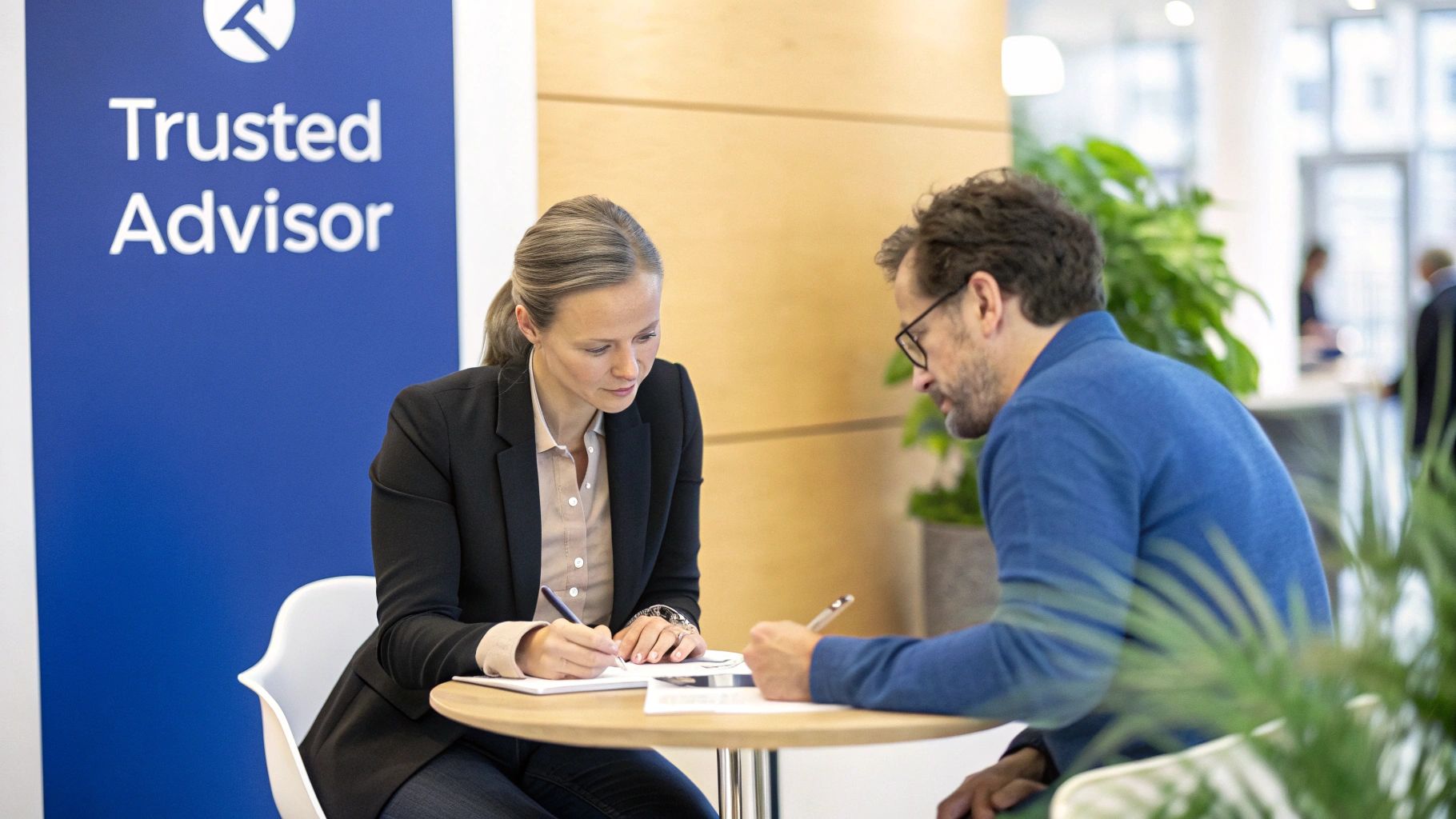 A trusted advisor meets with a client, both writing on papers at a small table.