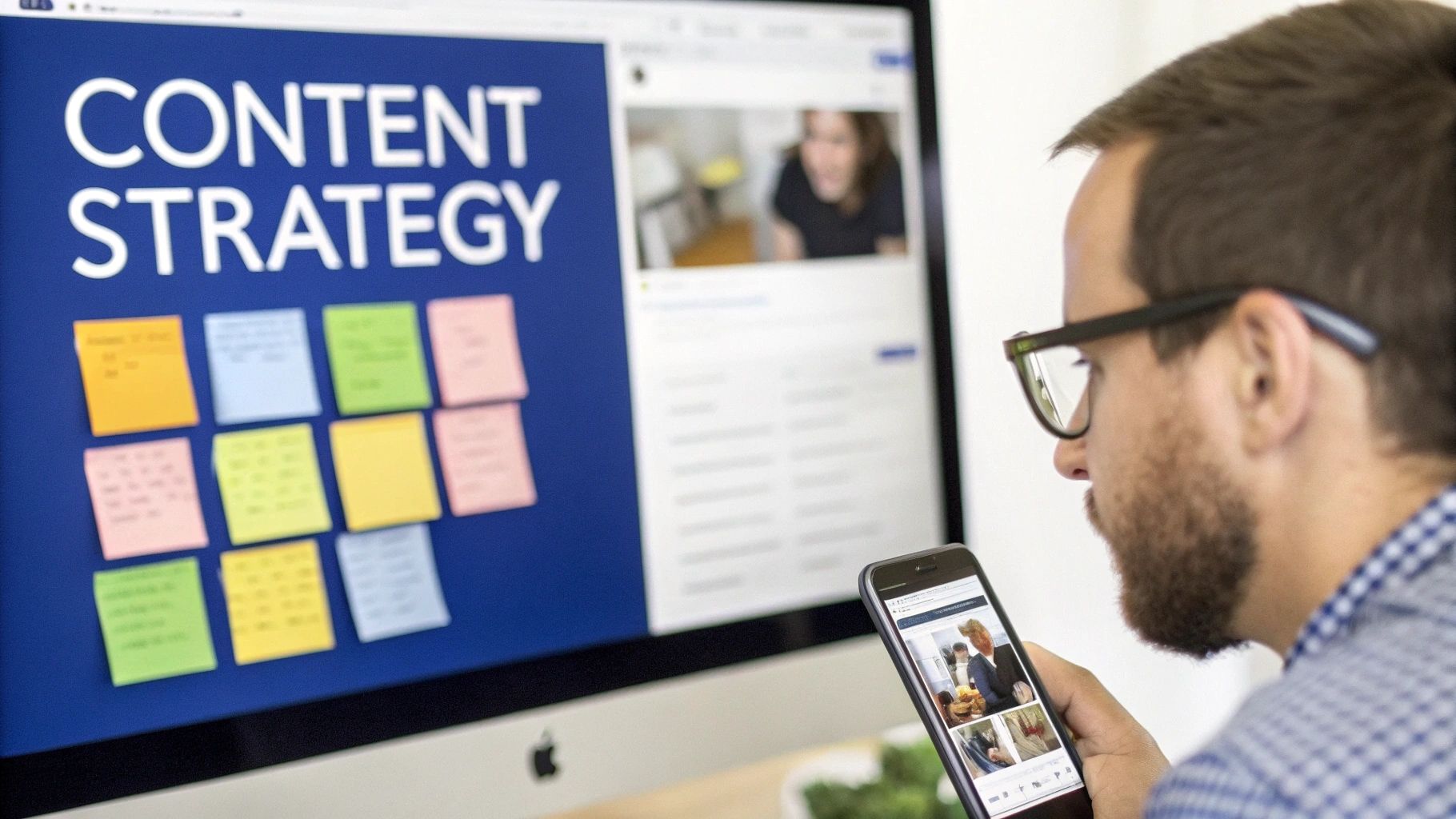 A man with glasses uses a smartphone, viewing content while a monitor shows 'Content Strategy' visuals.
