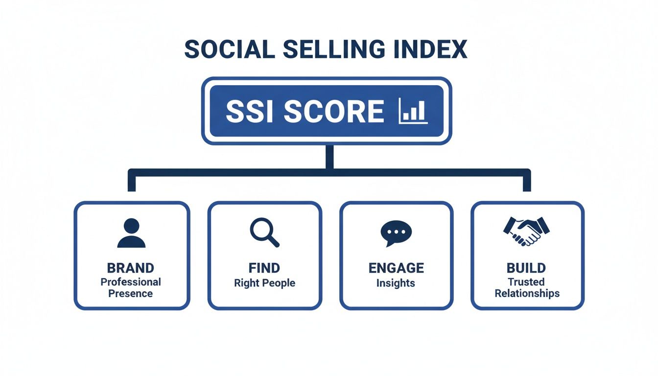 Diagram showing the Social Selling Index (SSI) score, broken down into four key components: Brand, Find, Engage, and Build.