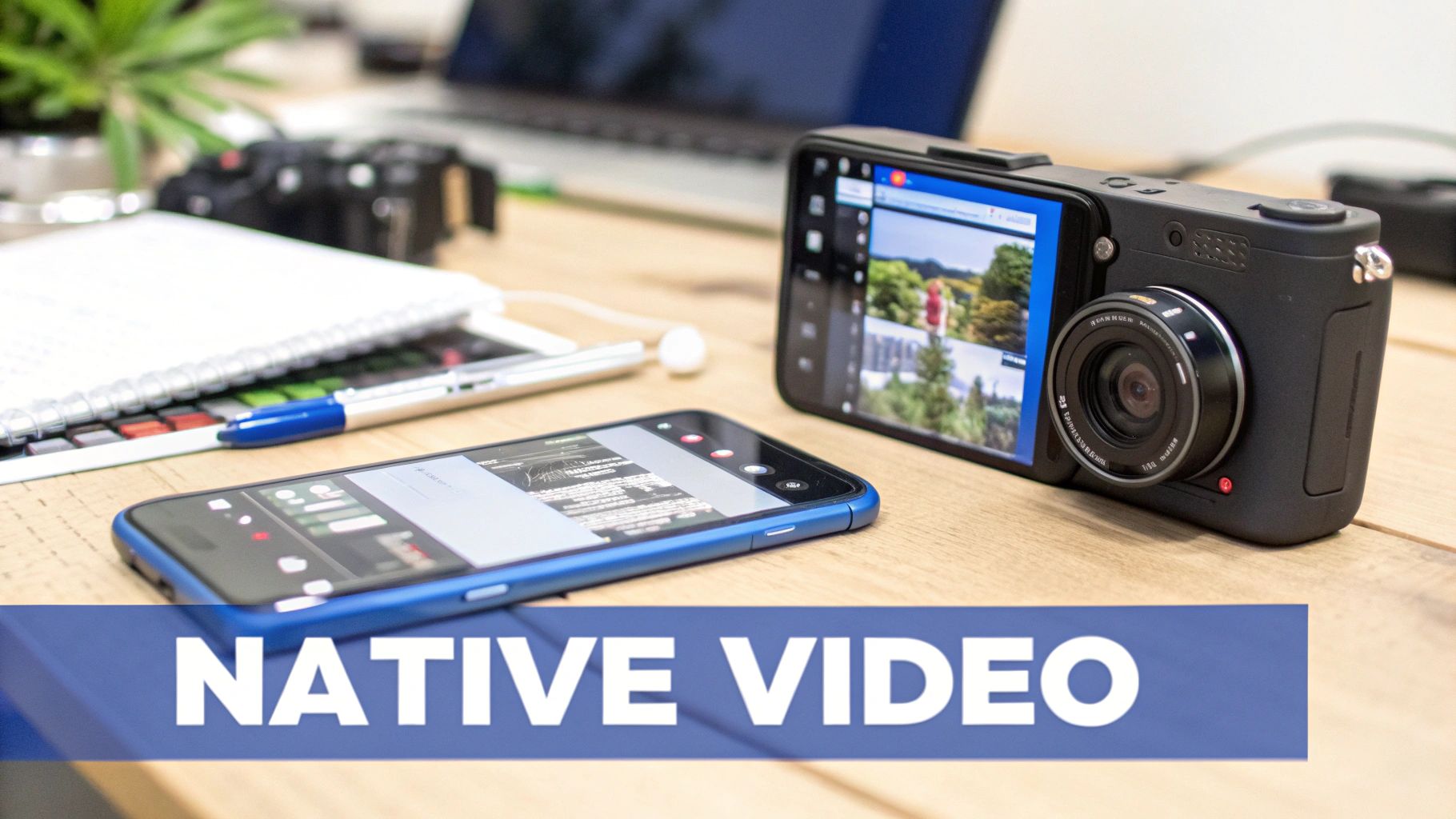 Technology workspace with a camera-attached smartphone, another phone, and a notebook on a wooden desk, showcasing native video.