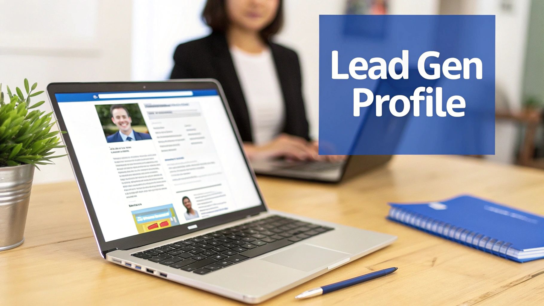 Laptop displaying a professional profile (LinkedIn-like) for lead generation, with a person working in the background and a notebook.