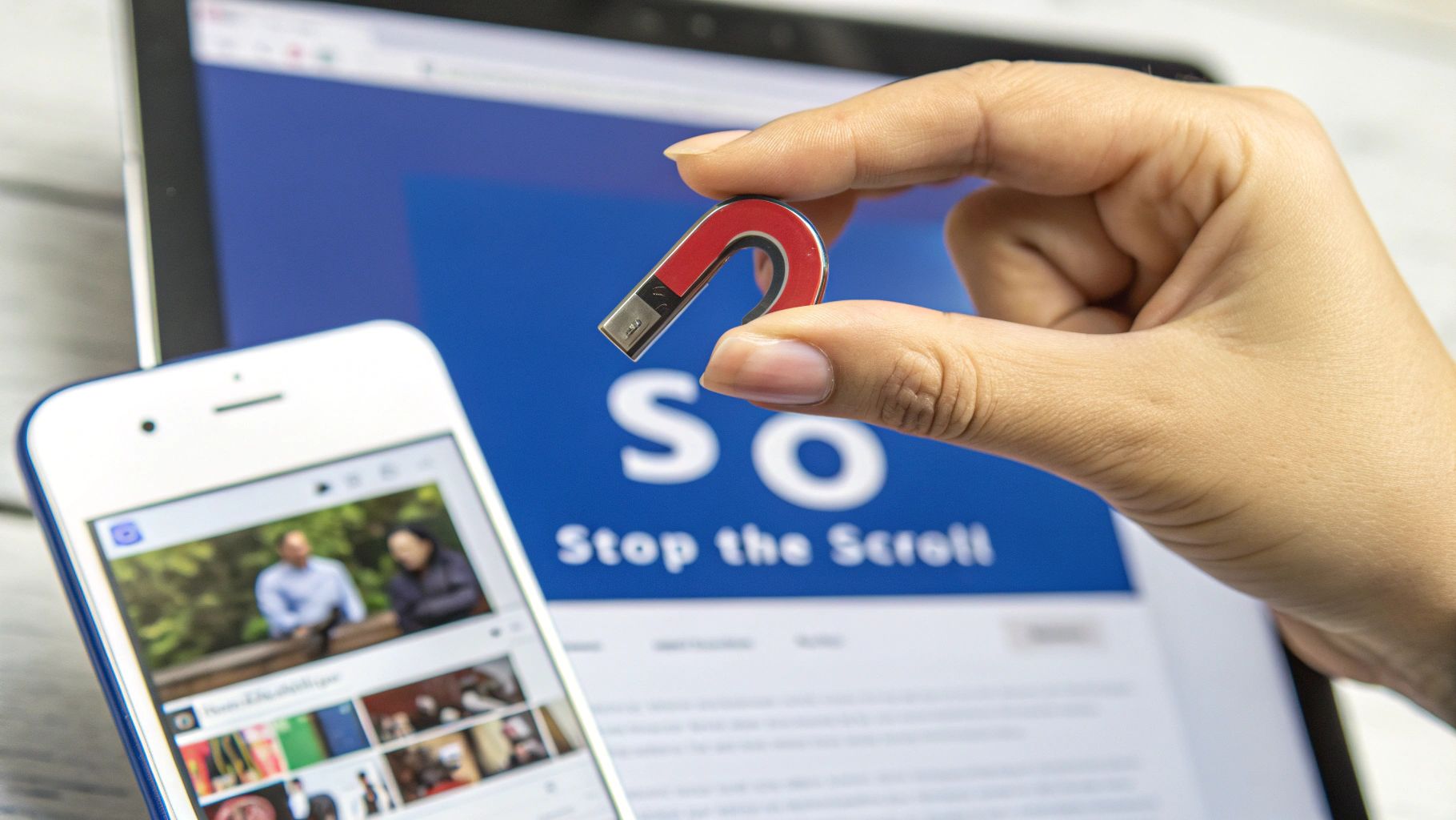 Hand holds a magnet-shaped USB drive in front of a laptop displaying 'Stop the Scroll' and a smartphone.