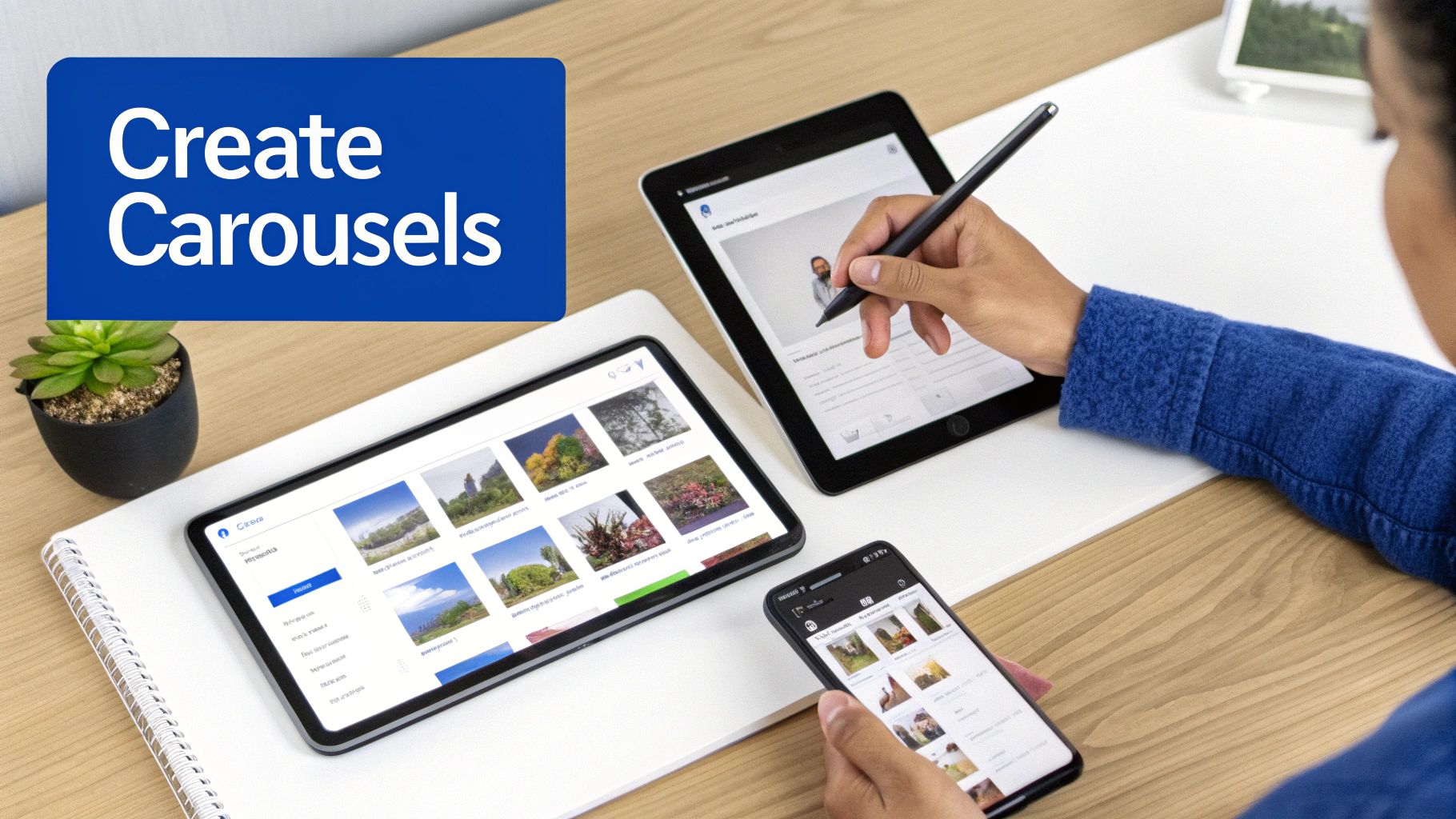 A person creates carousels on multiple digital devices, including tablets and a smartphone, at a desk.
