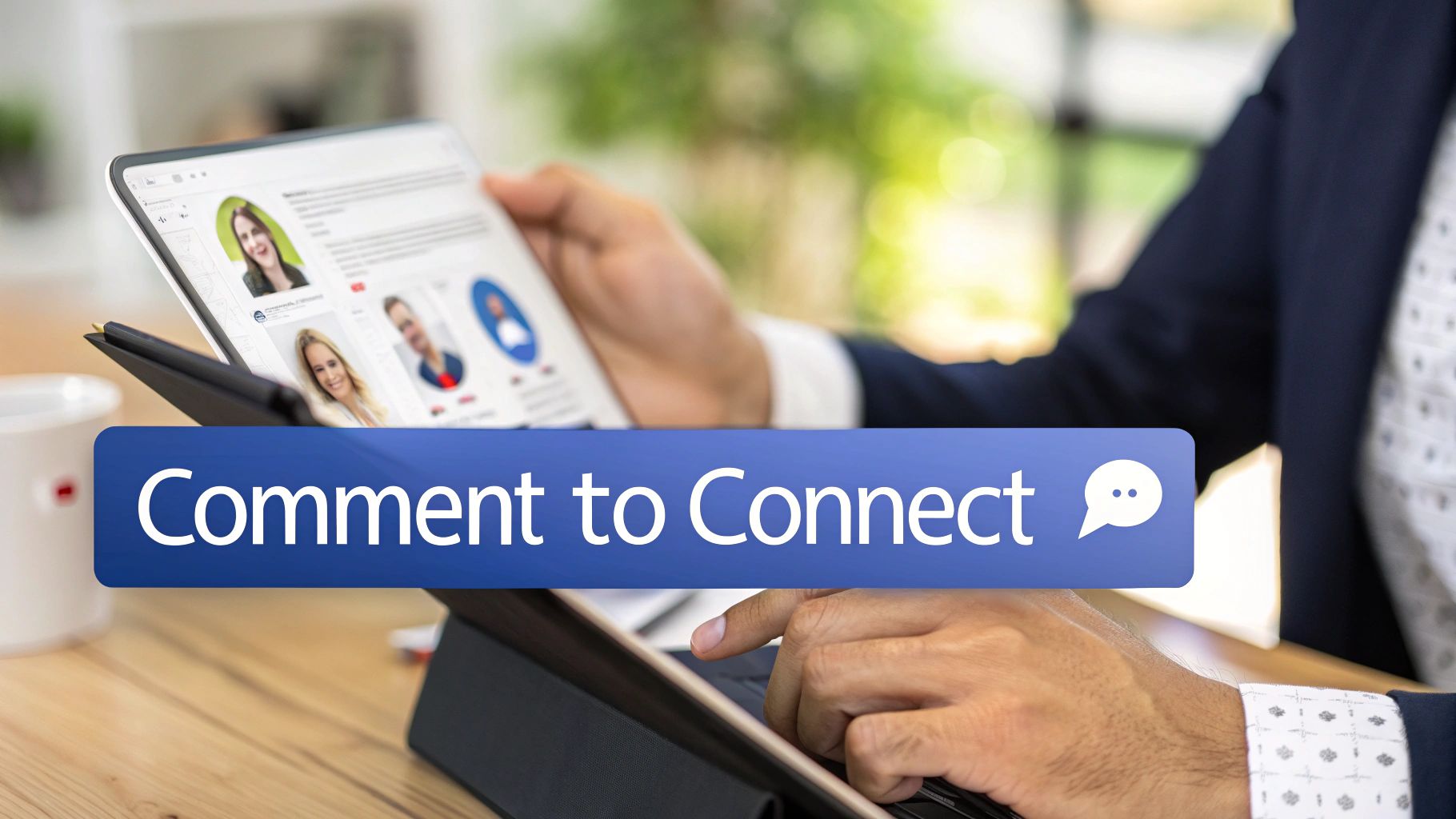 Close-up of a person using a tablet to view professional profiles, with a 'Comment to Connect' banner.