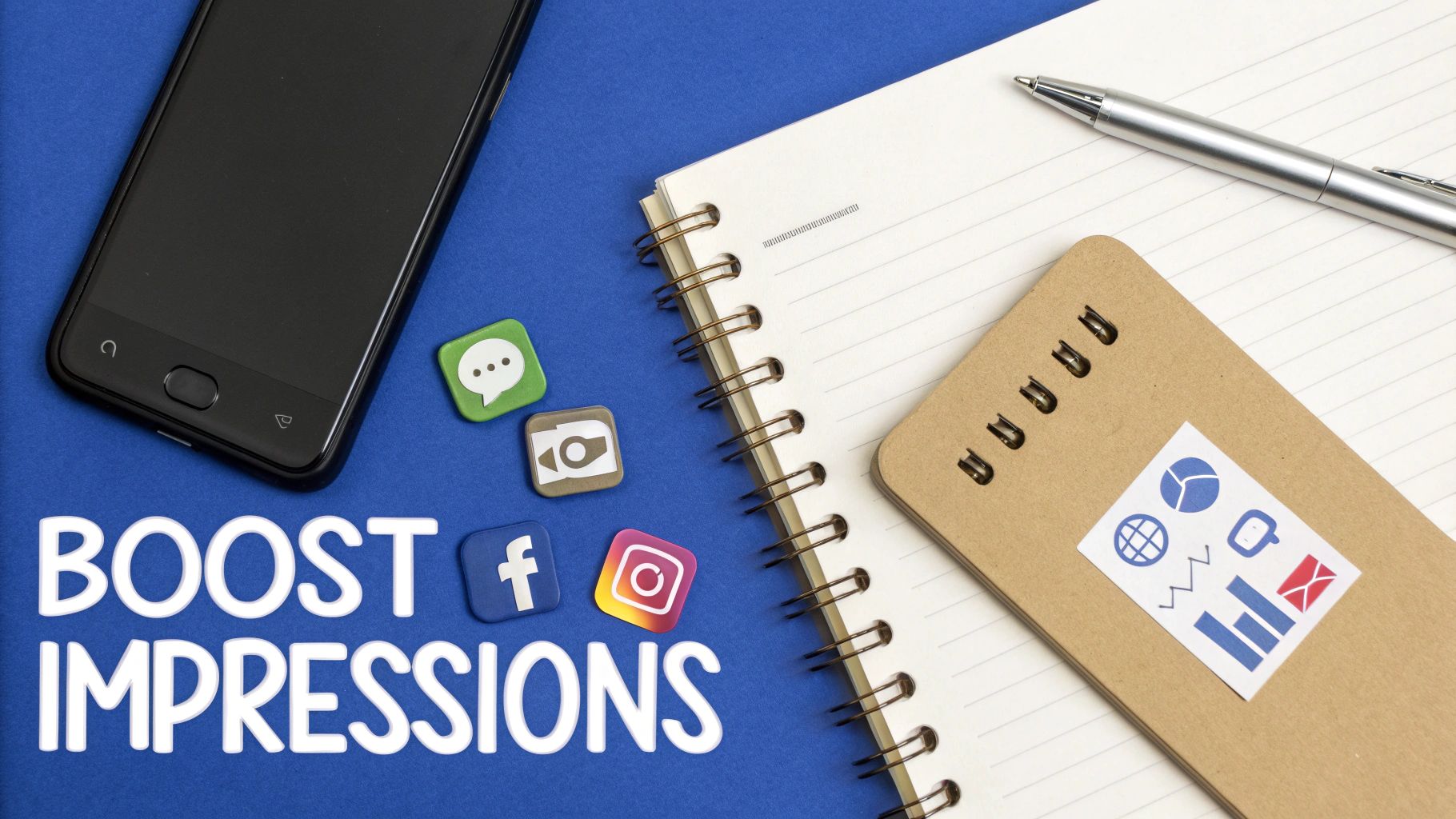 Overhead shot of a smartphone, notebook, pen, and social media icons with 'BOOST IMPRESSIONS' text.