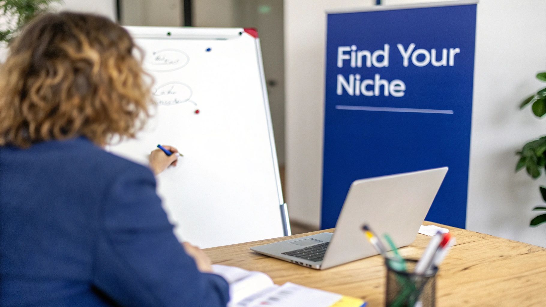 A person in a blue blazer writes on a whiteboard during a business workshop, with a laptop.