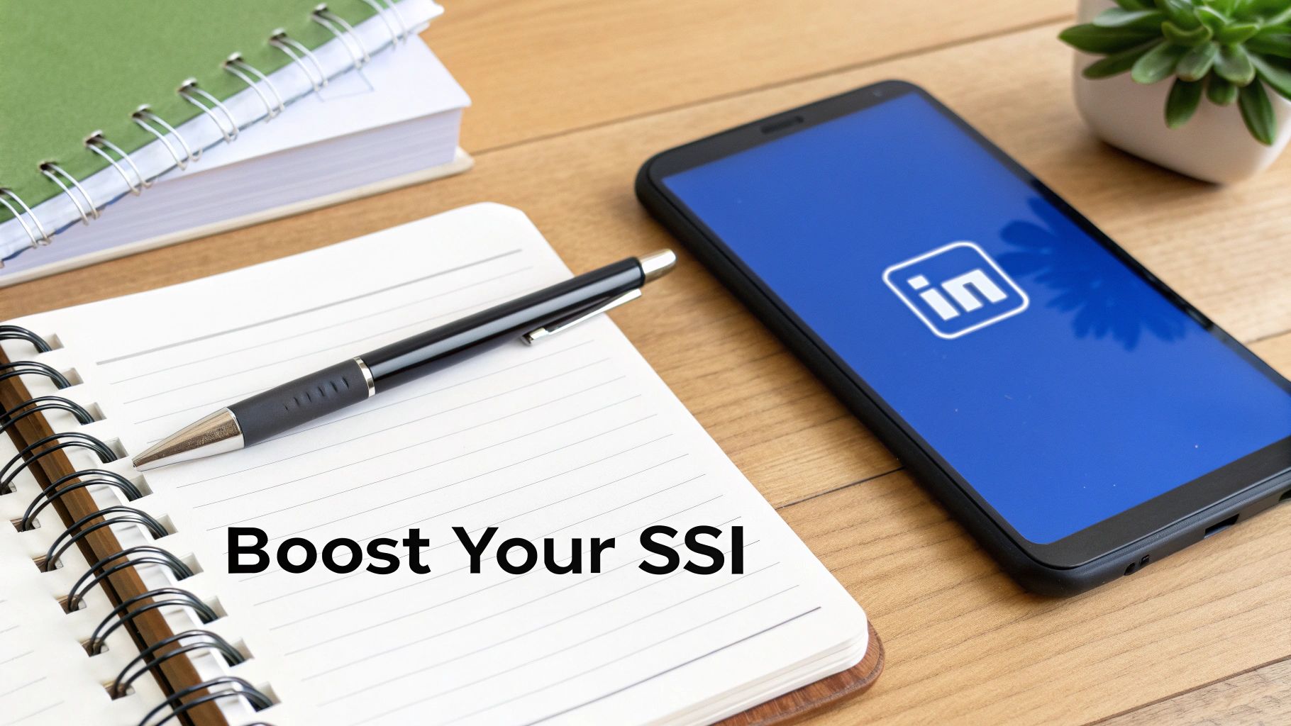Desk setup with a notebook, pen, and smartphone showing the LinkedIn logo, promoting 'Boost Your SSI'.