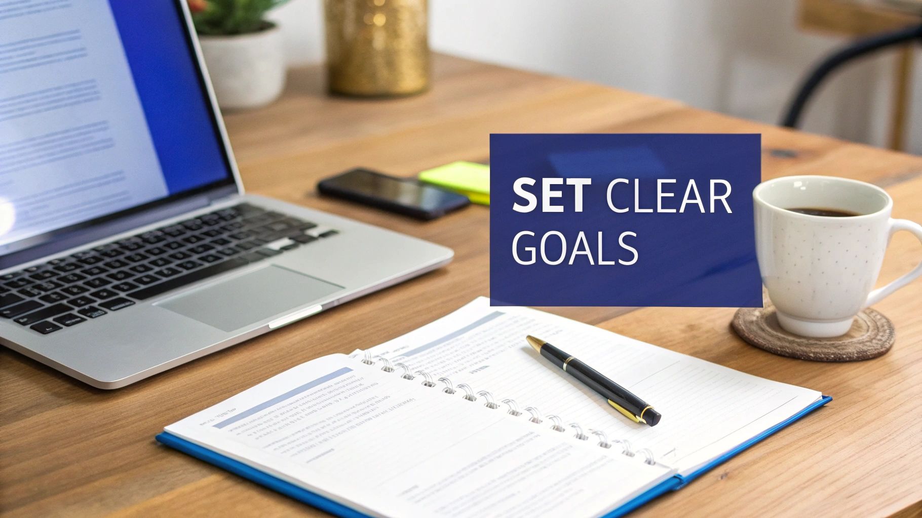 A workspace showing a laptop, an open notebook, coffee, and a "SET CLEAR GOALS" message.