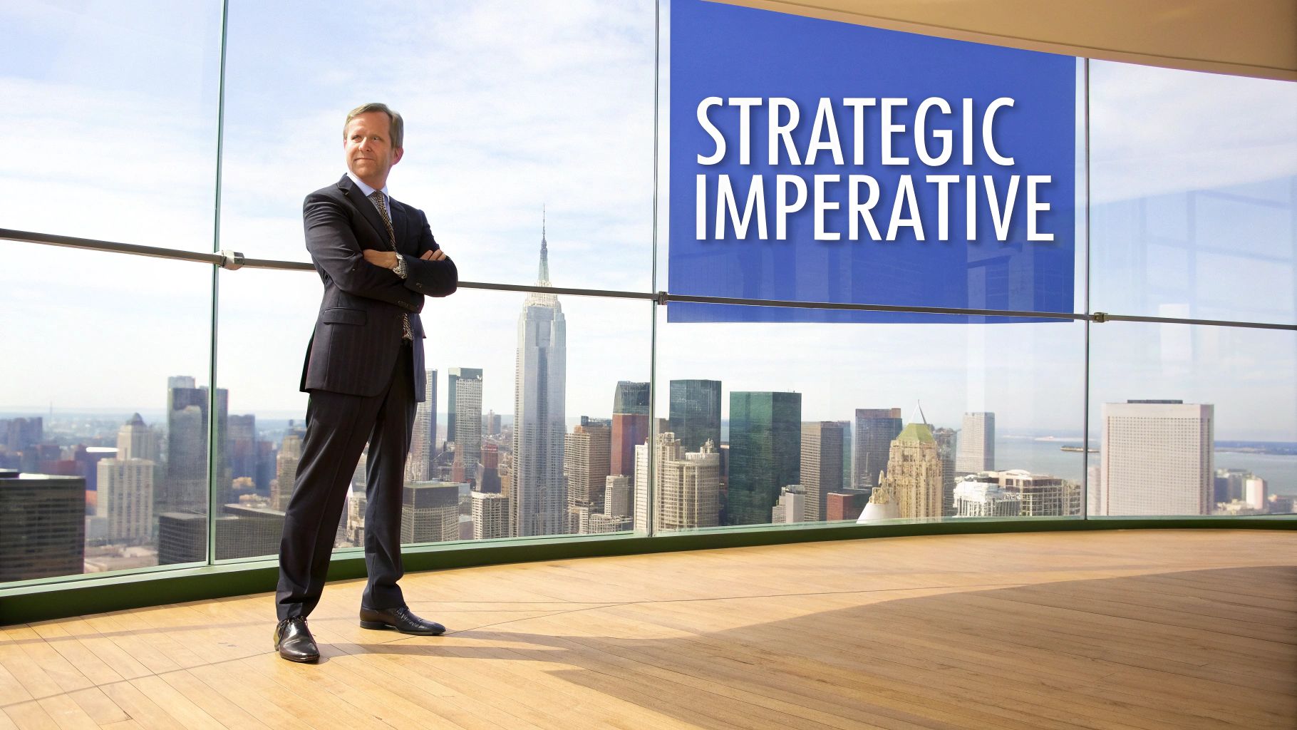 Businessman in a suit standing with arms crossed by a window overlooking a city skyline with a 'STRATEGIC IMPERATIVE' banner.