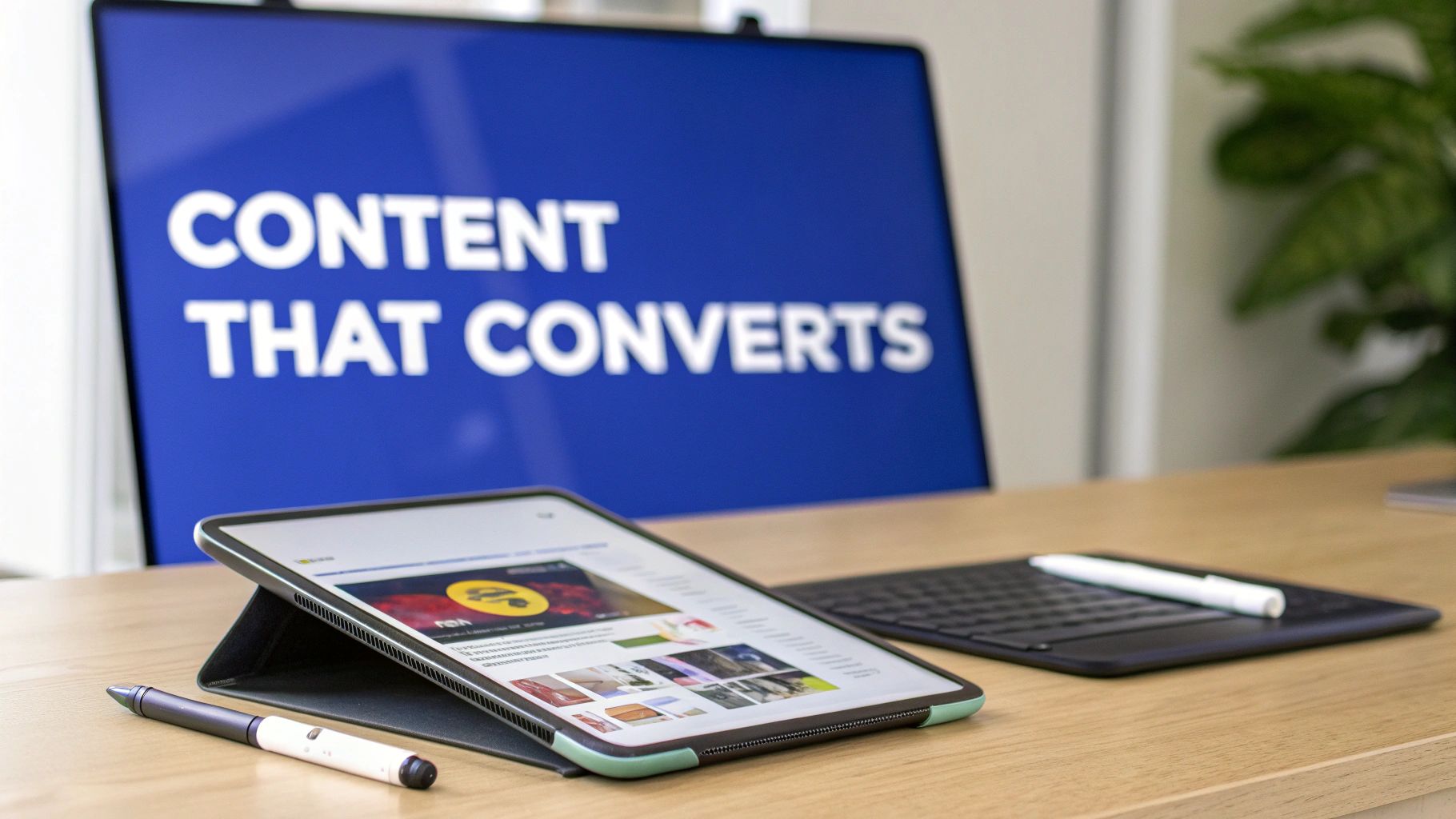 A desk with a tablet displaying web content, a stylus, a keyboard, and a monitor showing 'CONTENT THAT CONVERTS'.