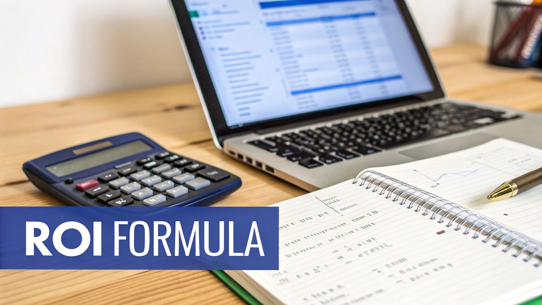 Calculator, laptop displaying data, notebook with notes and a graph, and a pen on a wooden desk, with 'ROI FORMULA' text overlay.