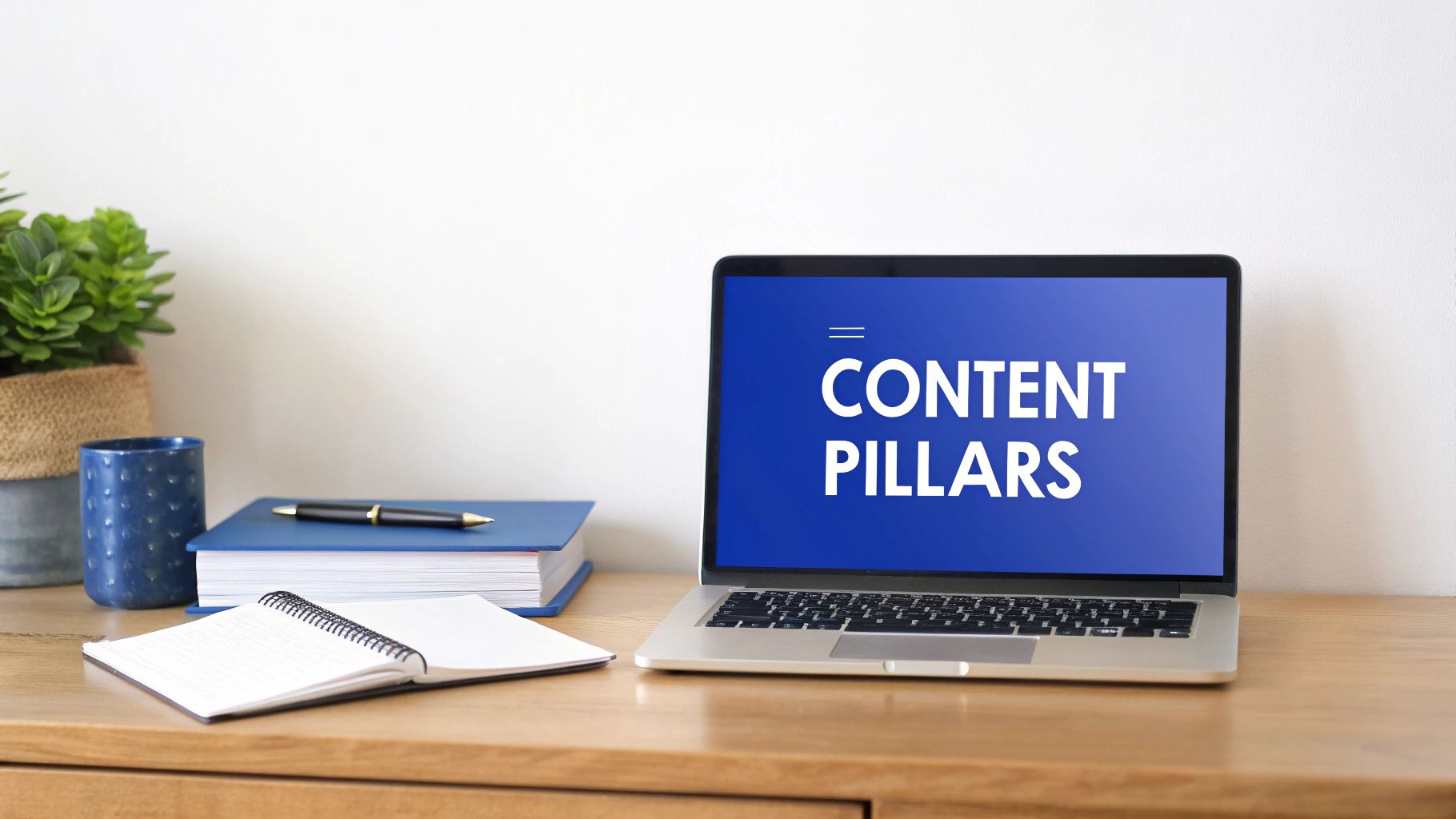 Workspace with laptop displaying 'CONTENT PILLARS', notebooks, pen, plant, and mug on a wooden desk.