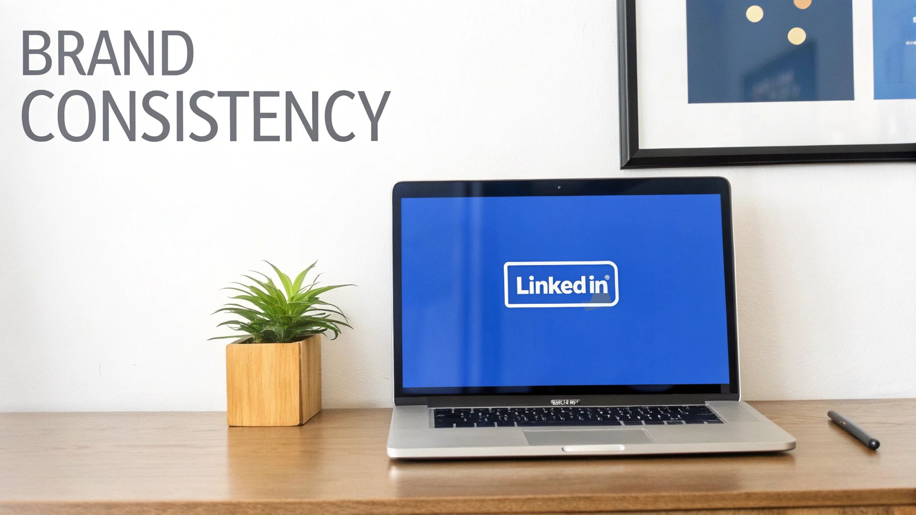A laptop displaying the LinkedIn logo on a blue screen, next to a plant, with 'BRAND CONSISTENCY' text.