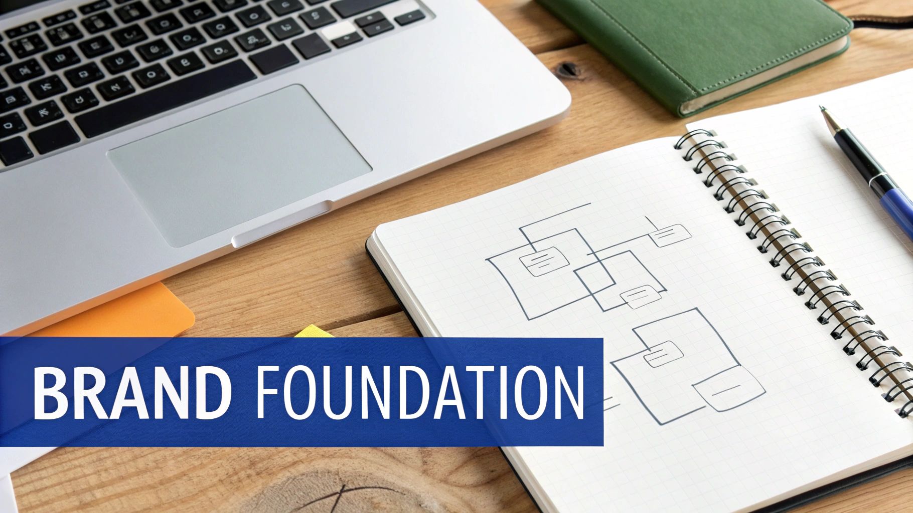 A desk with a laptop, notebook, and pen, overlaid with a 'BRAND FOUNDATION' text banner.