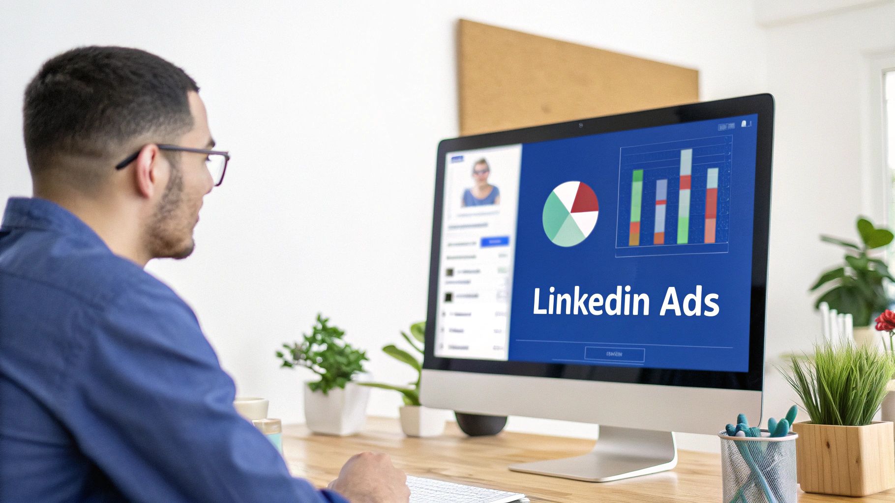 A man is intently looking at a computer monitor displaying 'LinkedIn Ads' with various business analytics charts.