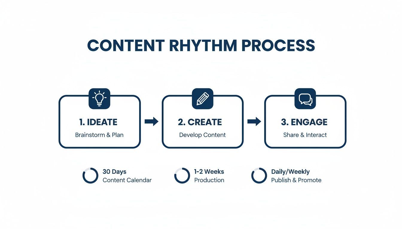 Flowchart showing the content rhythm process: Ideate (30 days), Create (1-2 weeks), and Engage (Daily/Weekly).