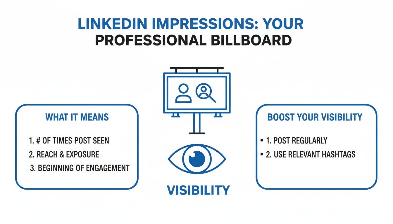 A diagram on LinkedIn impressions, explaining their meaning and how to boost visibility.