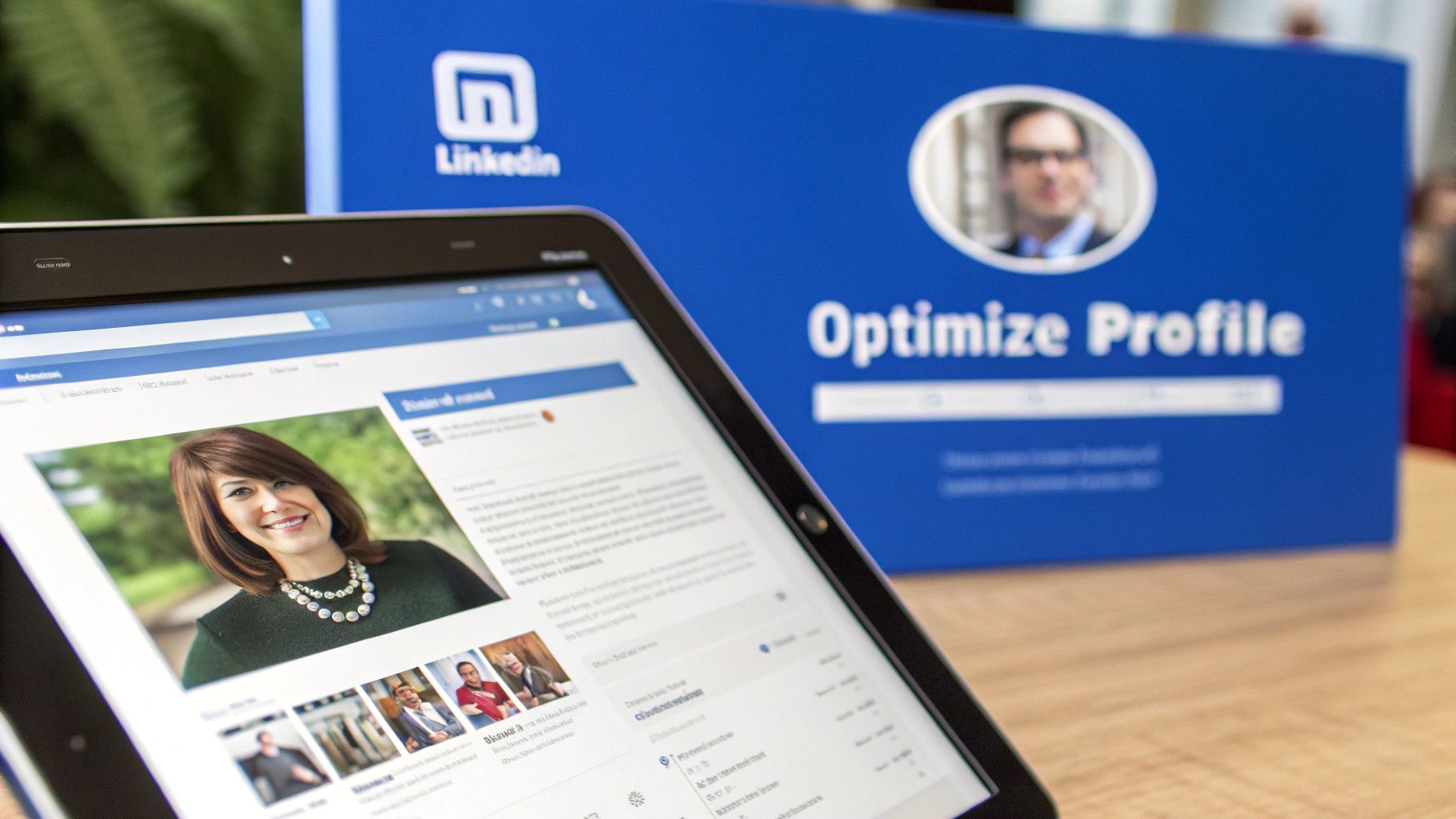 A digital tablet showcasing a LinkedIn profile with a smiling woman, next to a blue sign promoting profile optimization.