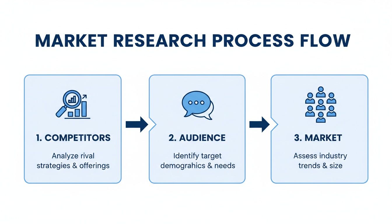 Flowchart illustrating the market research process, covering competitor analysis, audience identification, and market assessment.