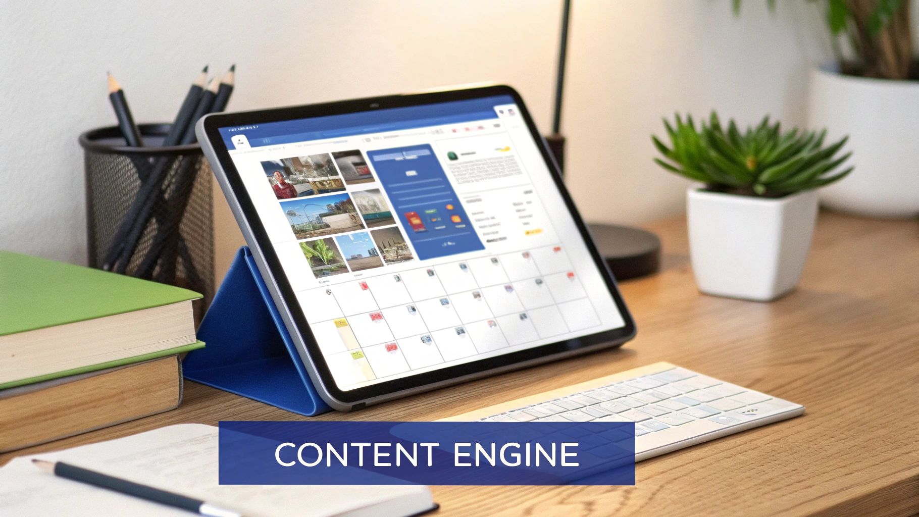 A tablet on a wooden desk shows a content calendar and images, surrounded by office supplies and a plant.
