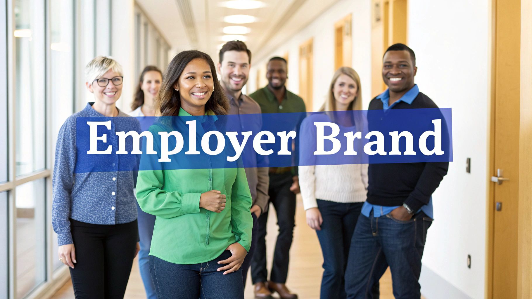 Diverse group of smiling professionals walking down a modern office hallway with 'Employer Brand' text.