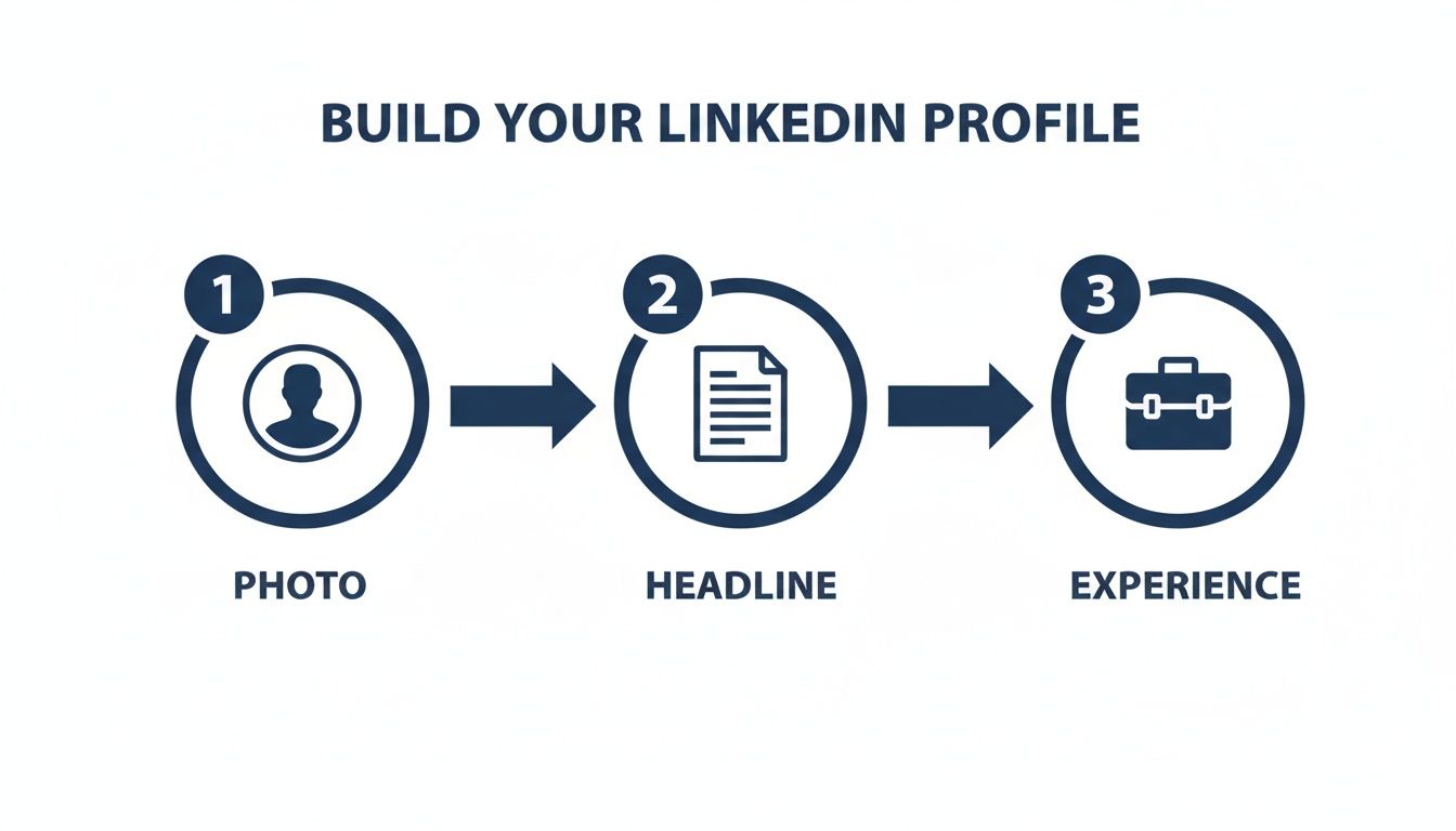 An infographic showing three steps to build a LinkedIn profile: photo, headline, and experience.