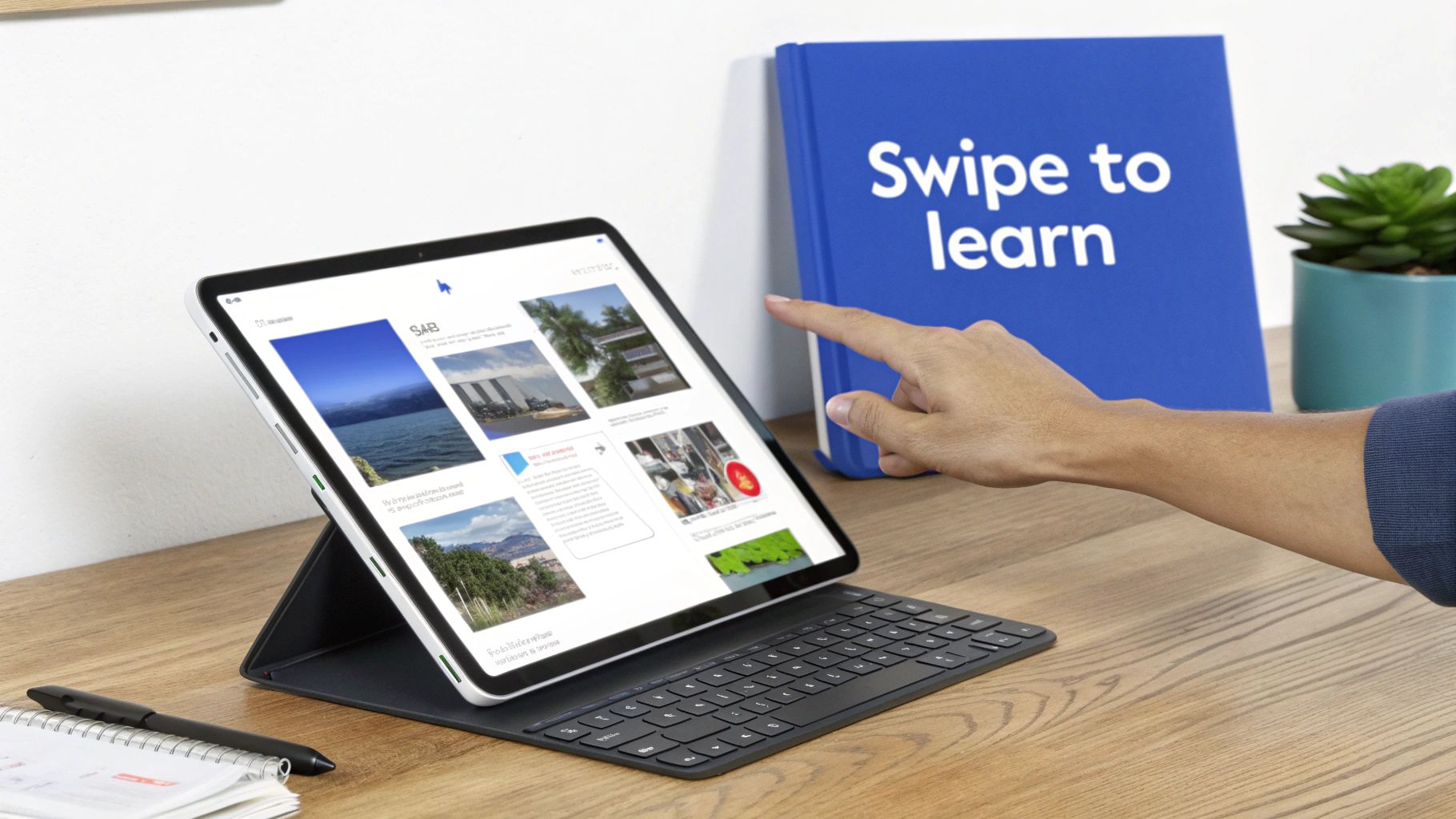 A person's hand points to a blue "Swipe to learn" book next to a tablet with a keyboard on a wooden desk.