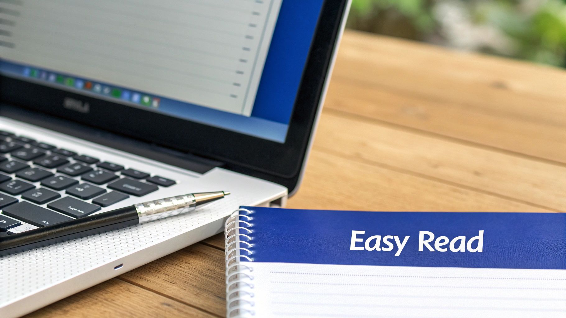 A laptop, pen, and a blue 'Easy Read' notebook on a wooden desk, symbolizing learning.