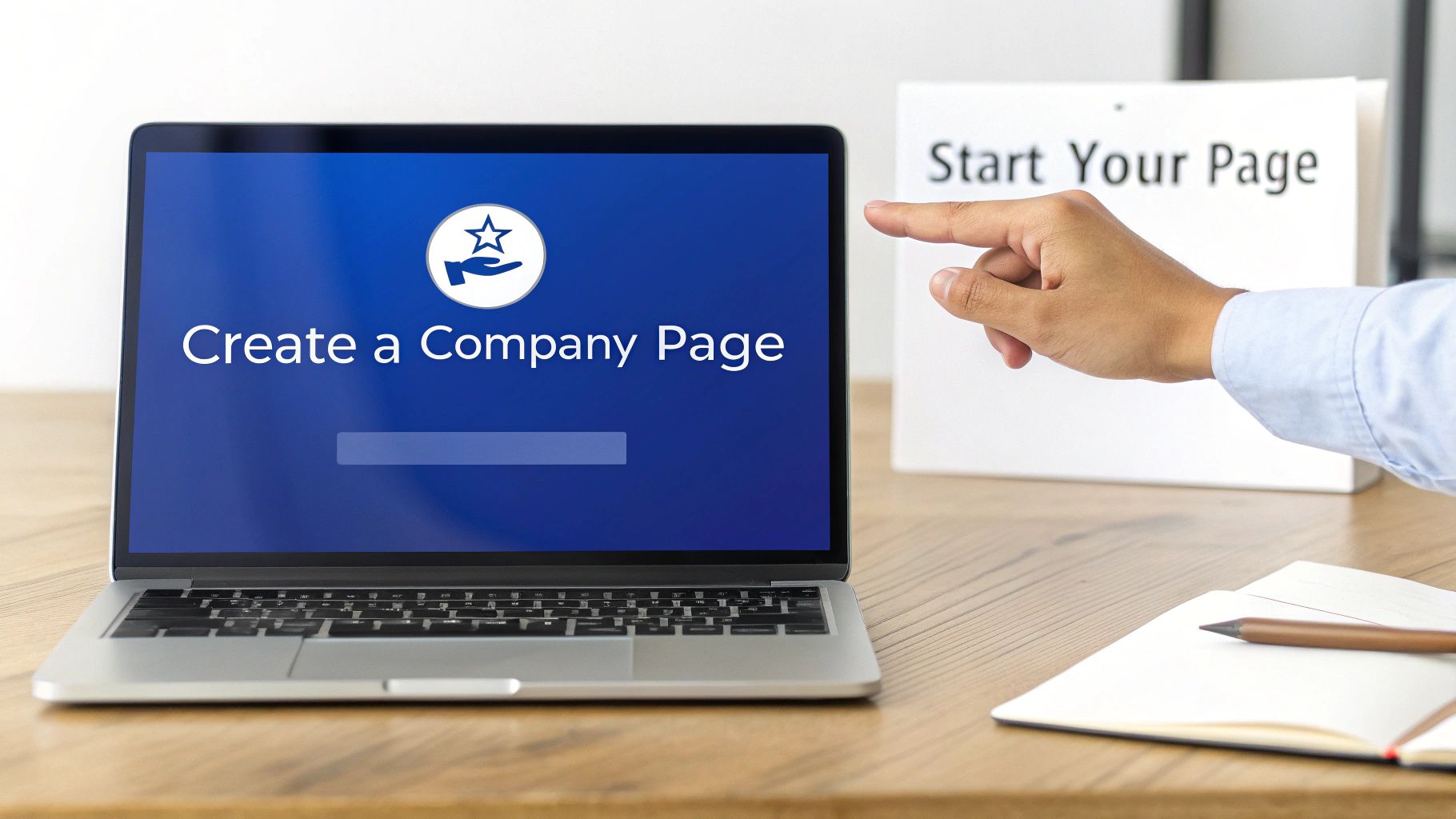 A person's hand points to a "Start Your Page" binder next to a laptop displaying "Create a Company Page".