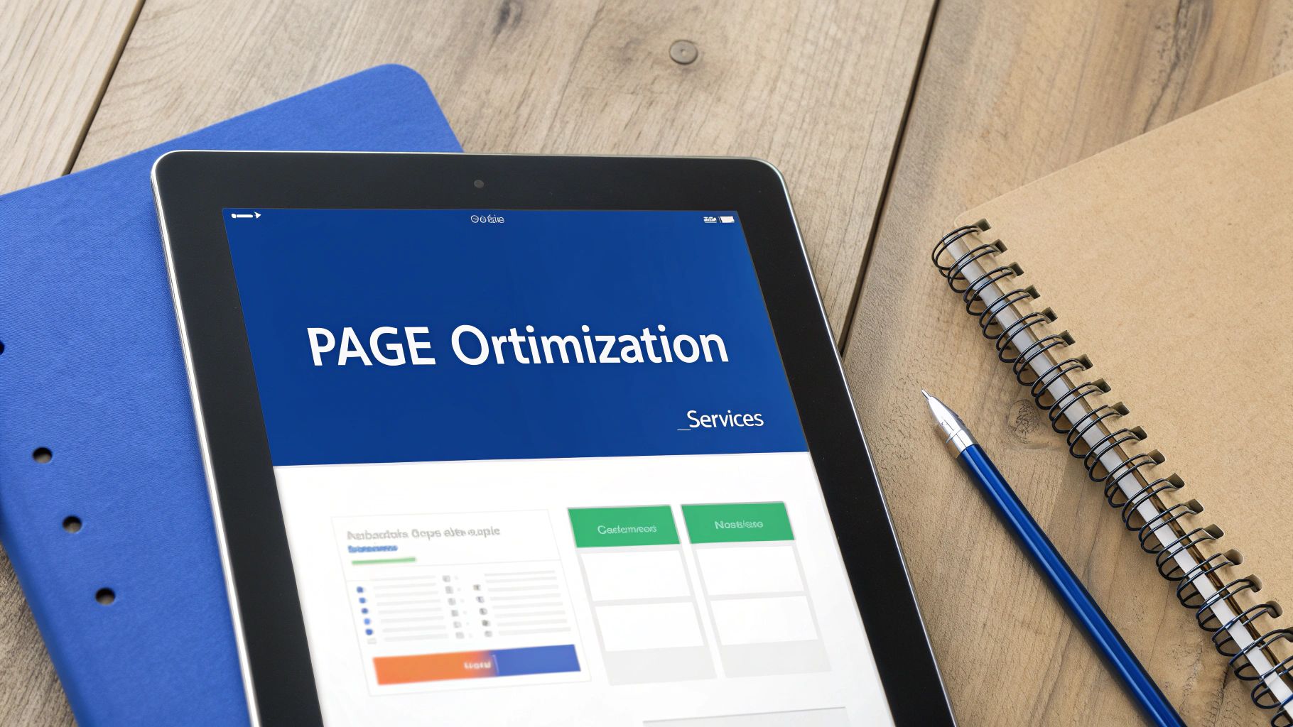 Tablet showing 'PAGE Optimization' on a blue screen, next to a notebook and pen on a wooden desk.