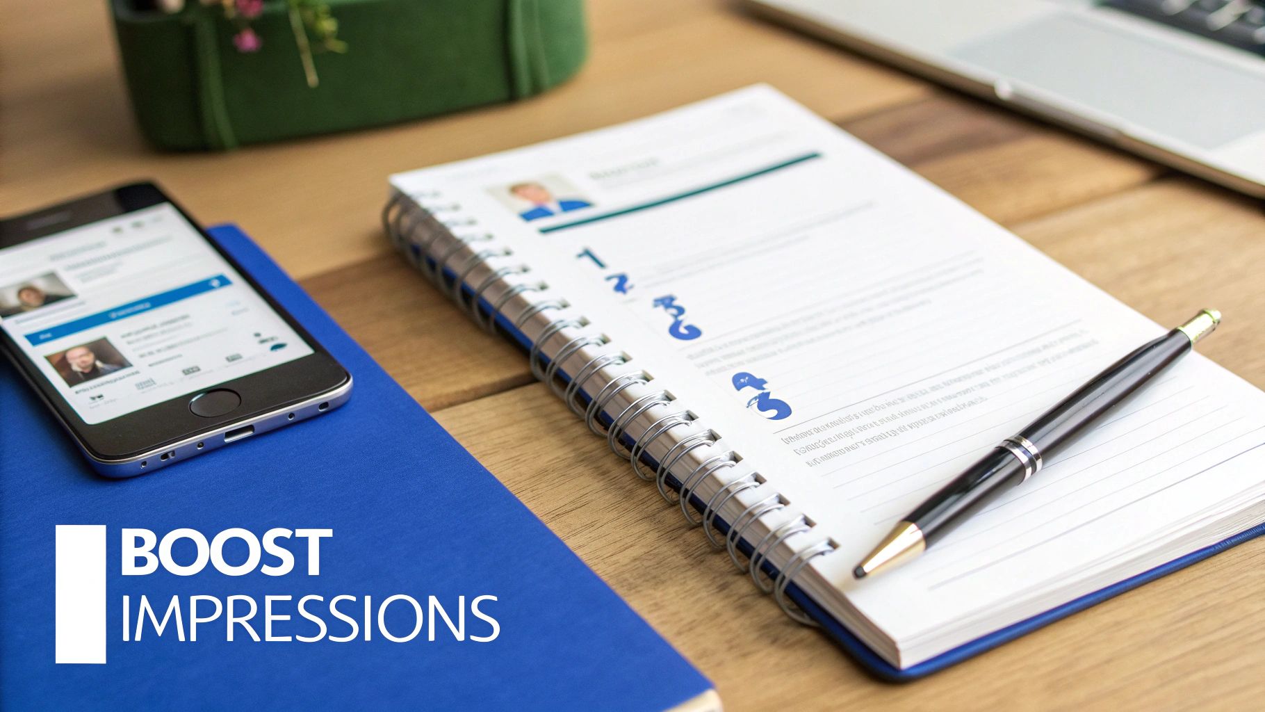 Smartphone with professional profile, 'Boost Impressions' notebook, and resume on a wooden desk.