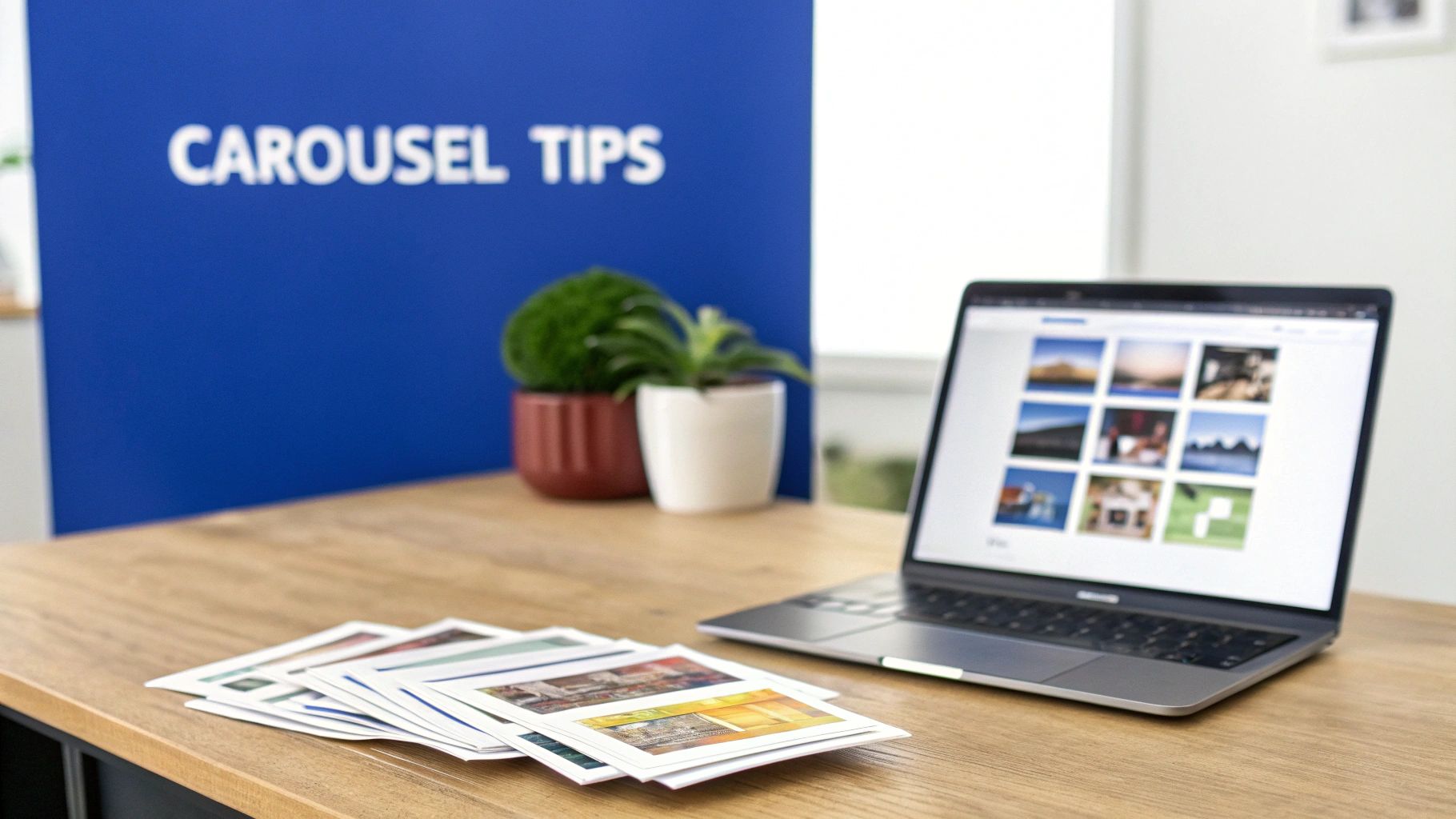 Kantoorbureau met een laptop, geprinte afbeeldingen, planten en een blauw bord met 'CAROUSEL TIPS'.
