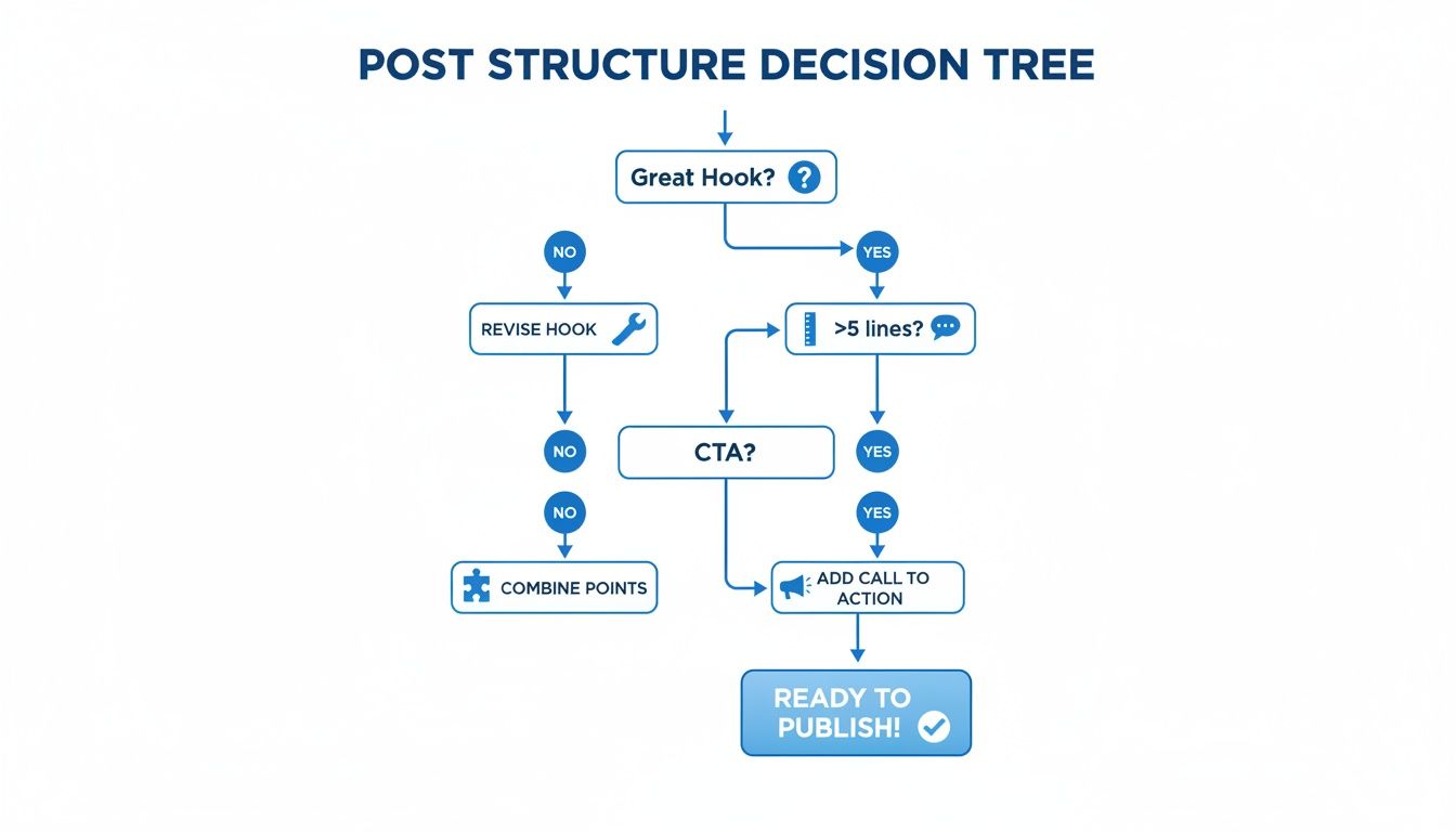 Decision tree flowchart guiding post structure, evaluating hook, length, and call to action before publishing.