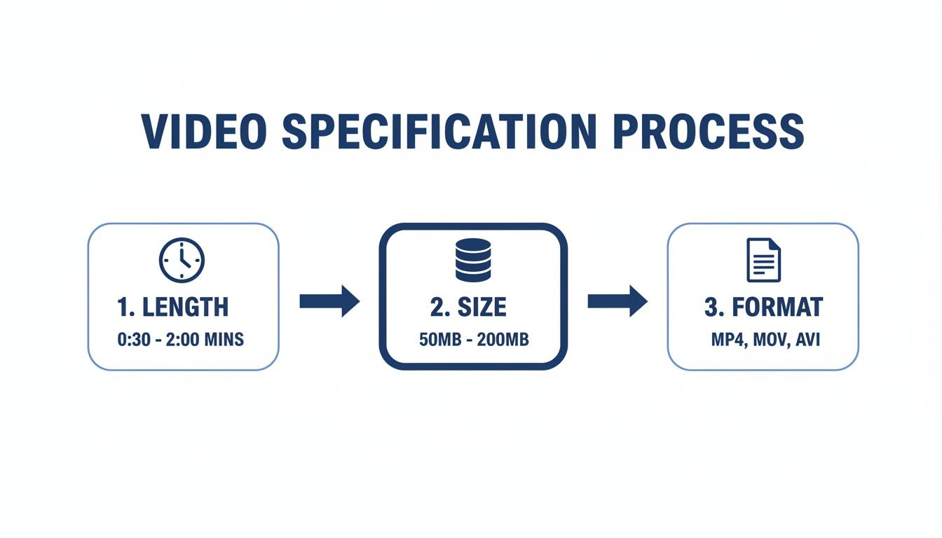 Flowchart showing video specification process with steps for length, size, and format requirements.