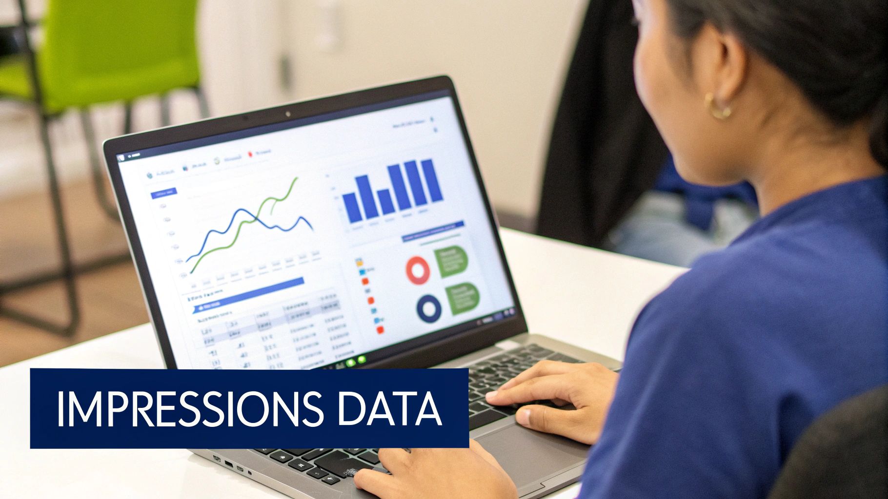 Close-up of a person analyzing impressions data on a laptop, featuring various charts and metrics.