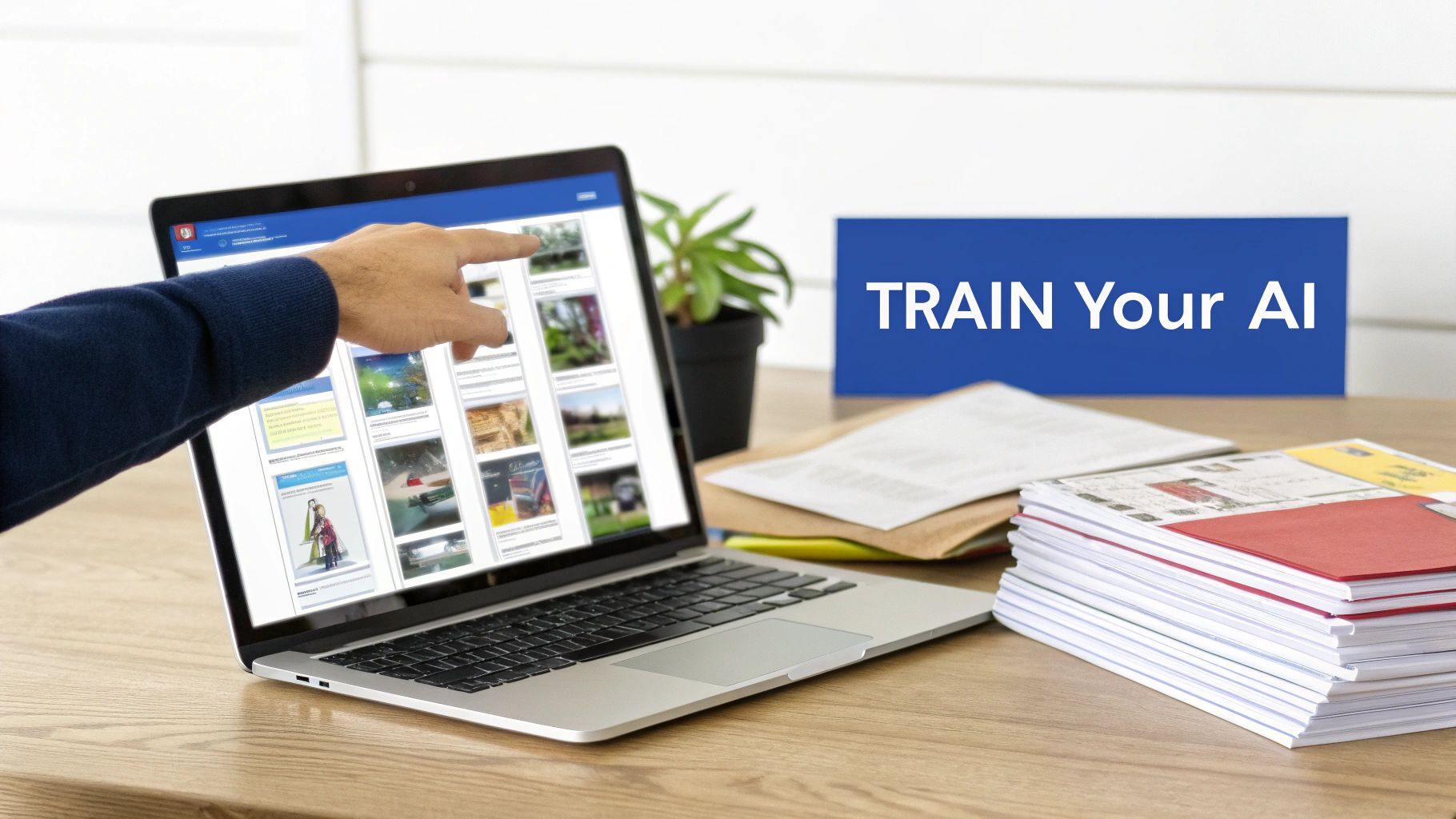 A person's hand points at a laptop screen showing images, next to a 'TRAIN Your AI' sign.