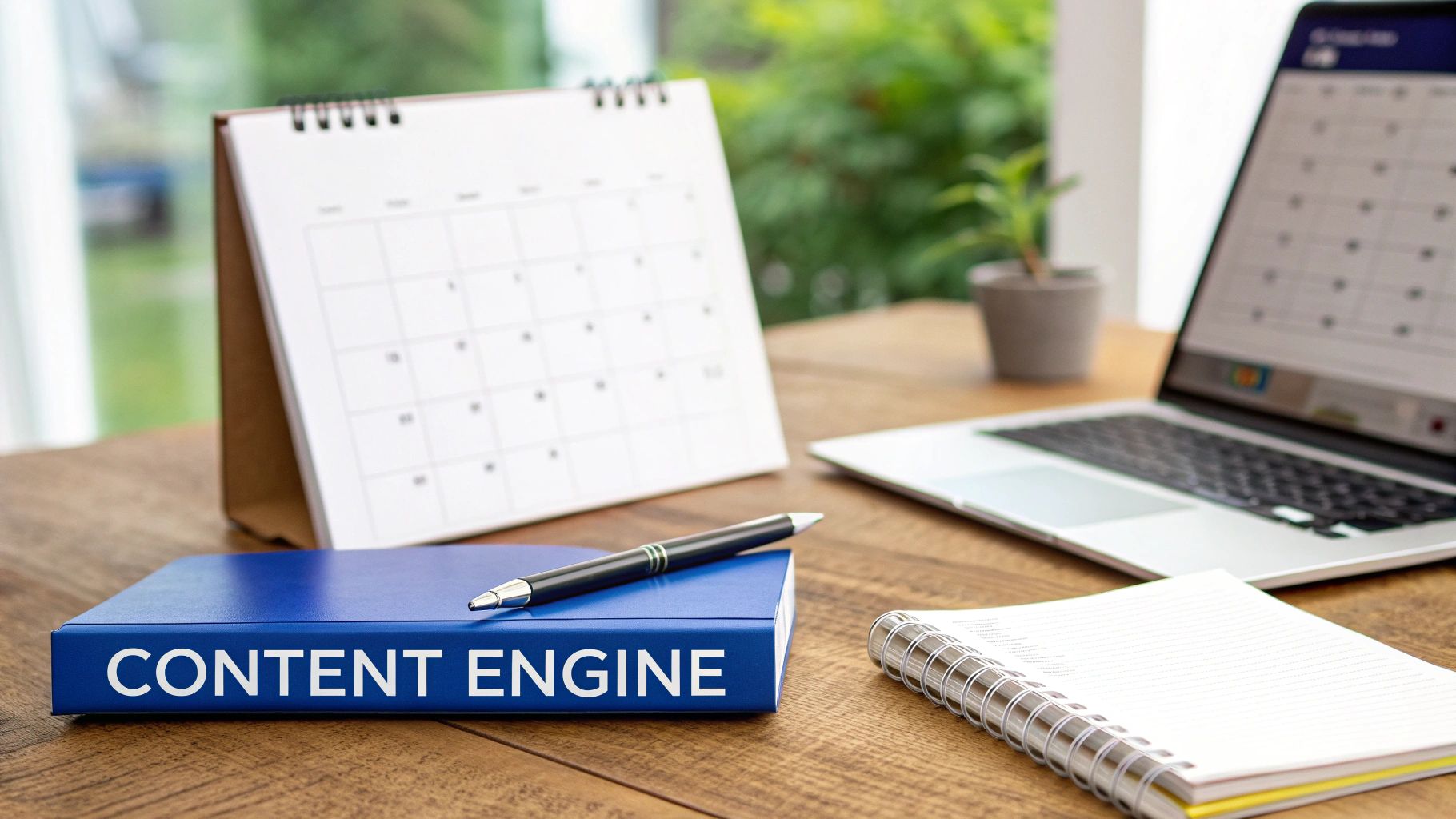 A blue book titled 'CONTENT ENGINE' on a wooden desk with a calendar, laptop, pen, and notepad.